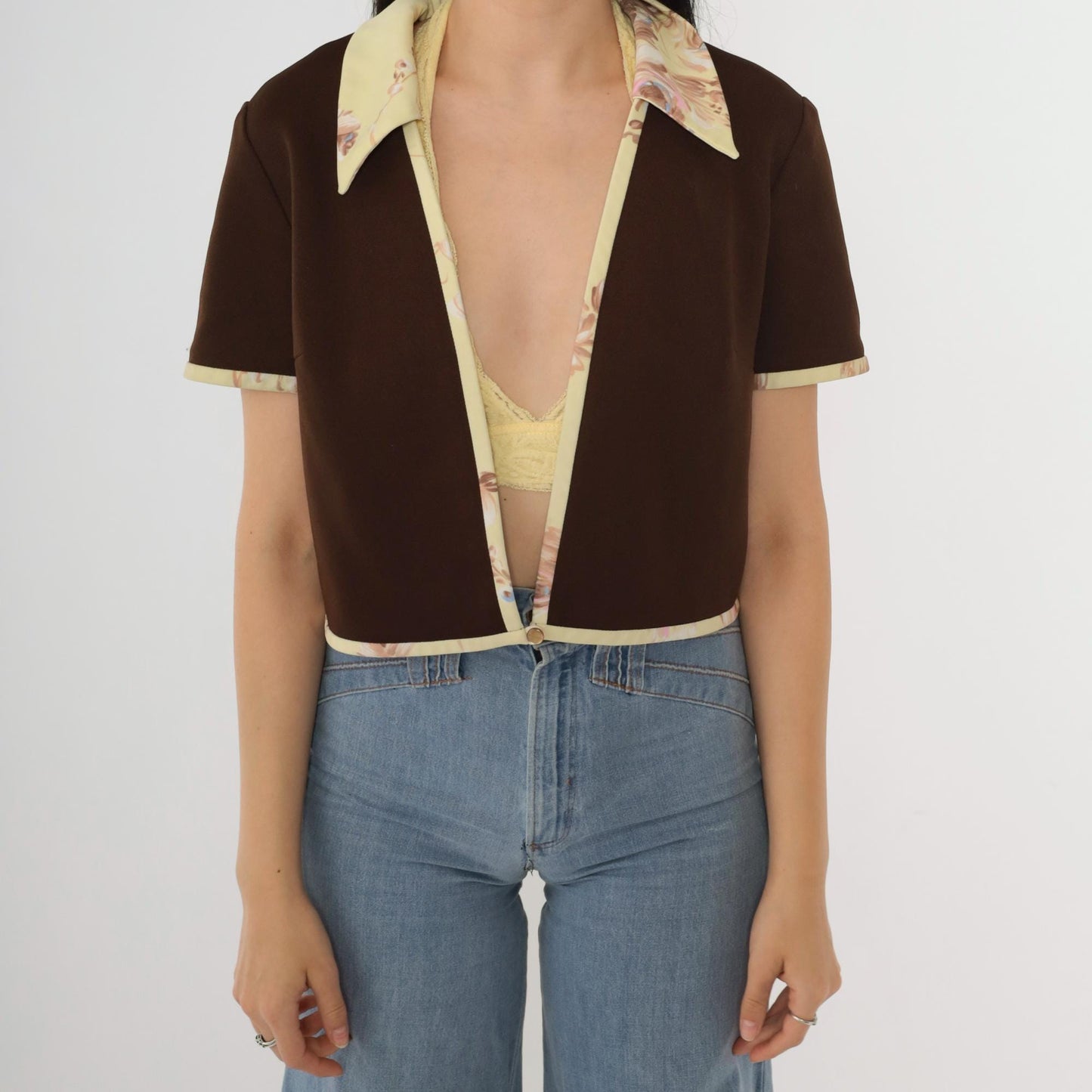 70s Brown Open Front Jacket Yellow Floral Trim Short Sleeve Medium