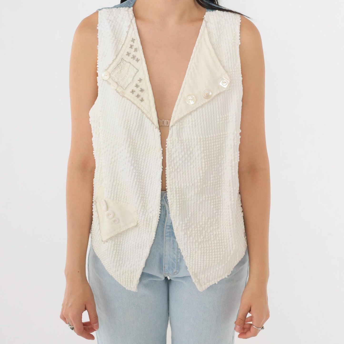 90s Reversible Vest White Nubby Texture Floral Chambray Denim Medium M