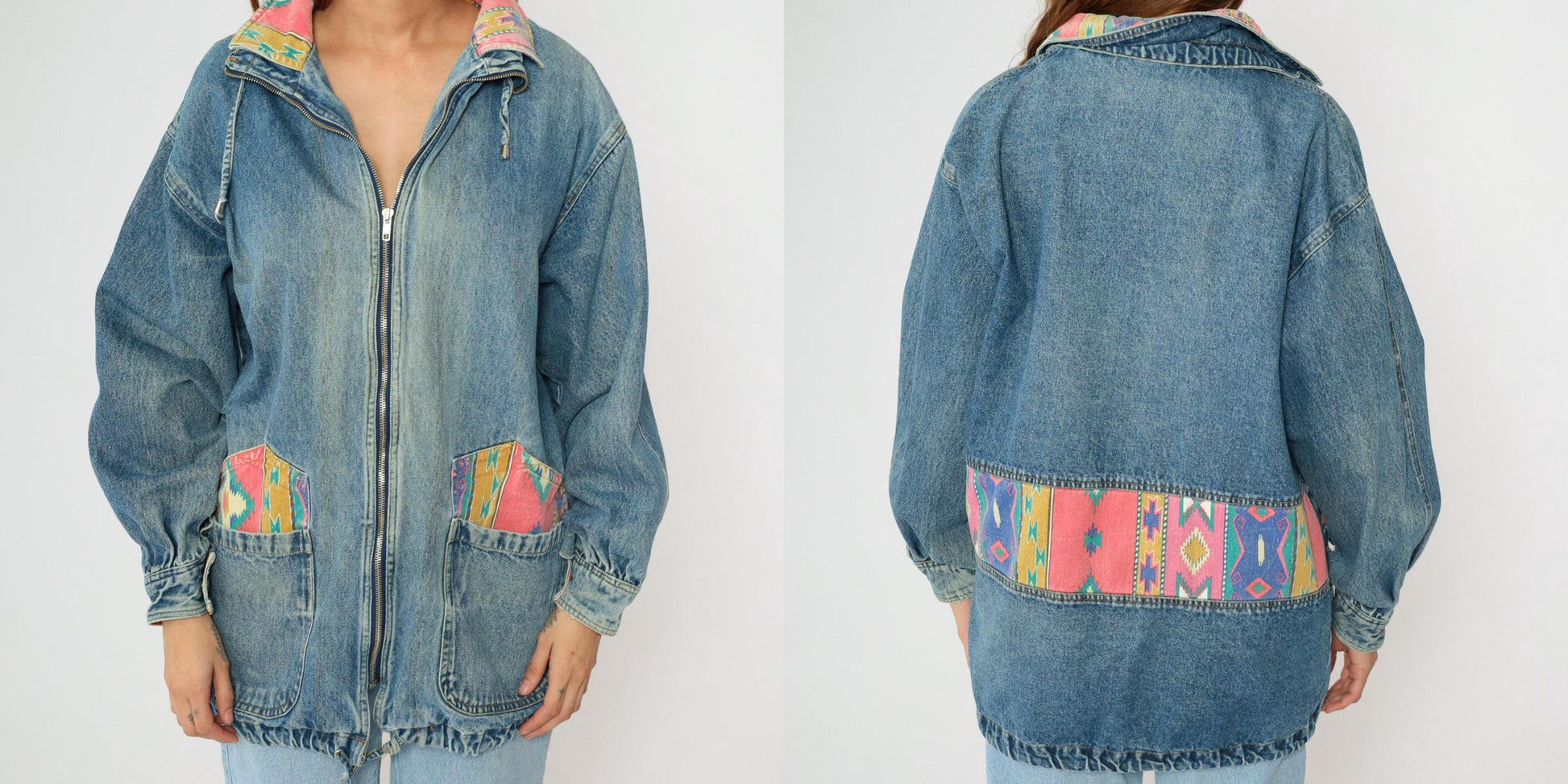90s Southwestern Denim Jacket Blue Aztec Patch Jean Coat Medium M
