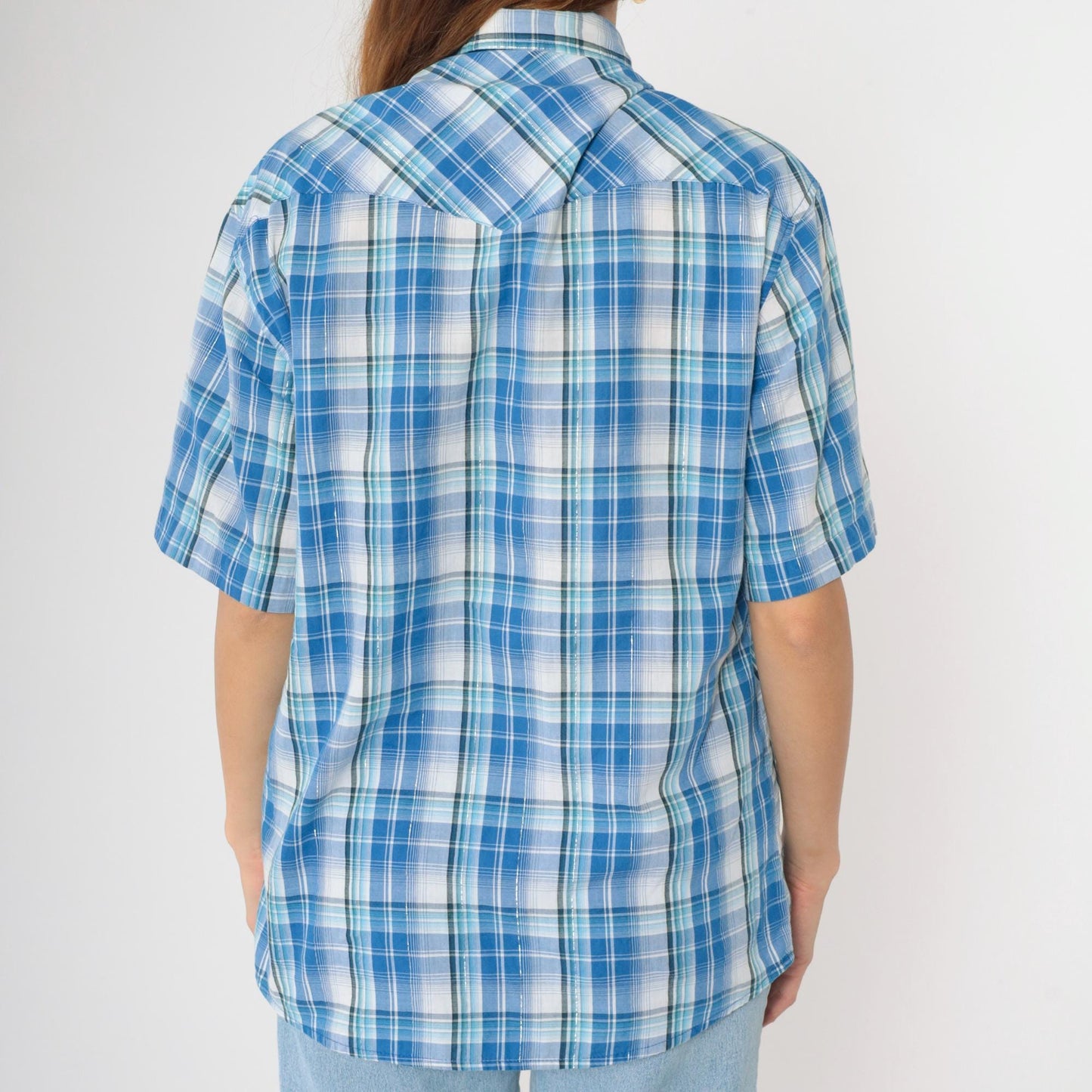 90s Rustler by Wrangler Western Shirt Blue Plaid Pearl Snap Metallic Large