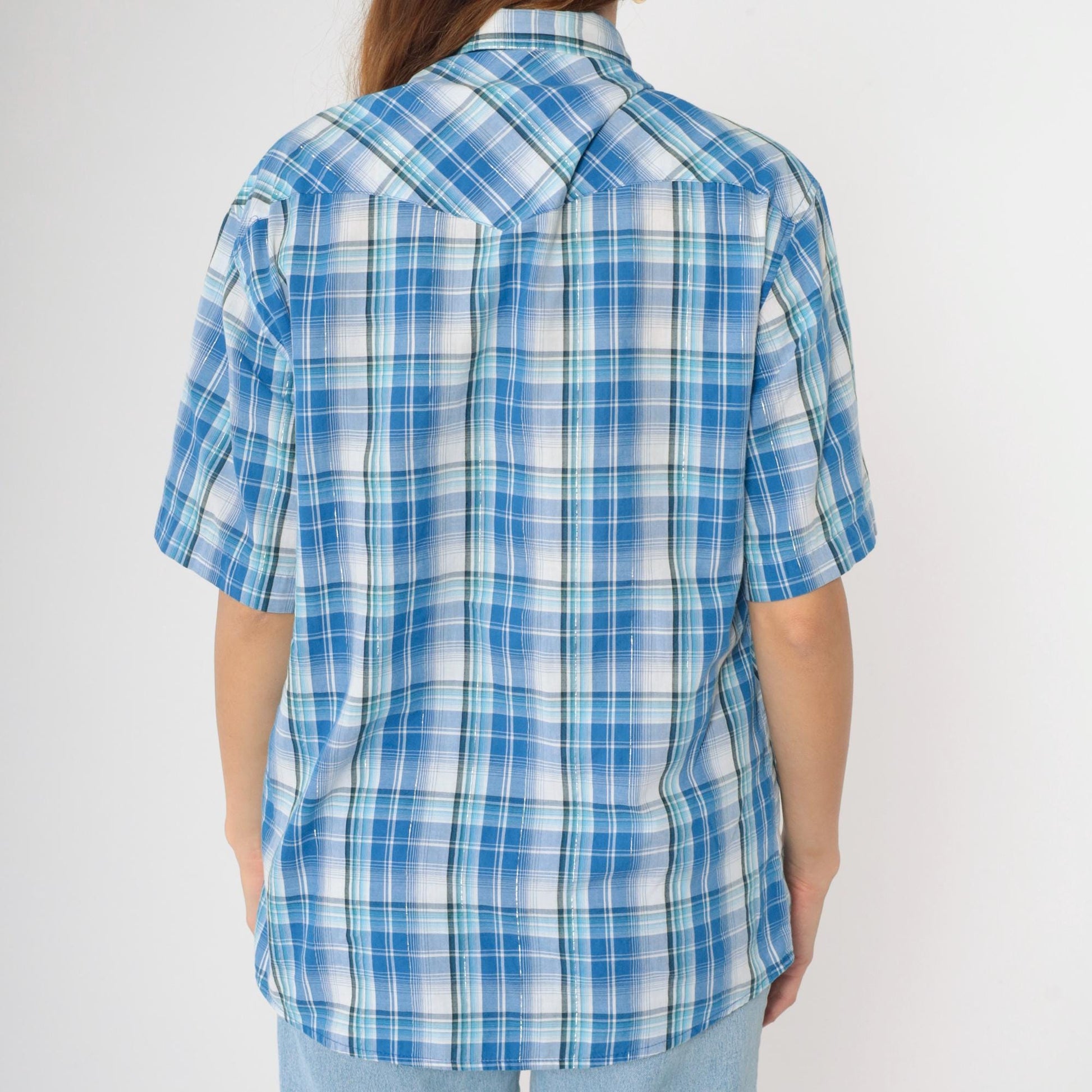 90s Rustler by Wrangler Western Shirt Blue Plaid Pearl Snap Metallic Large
