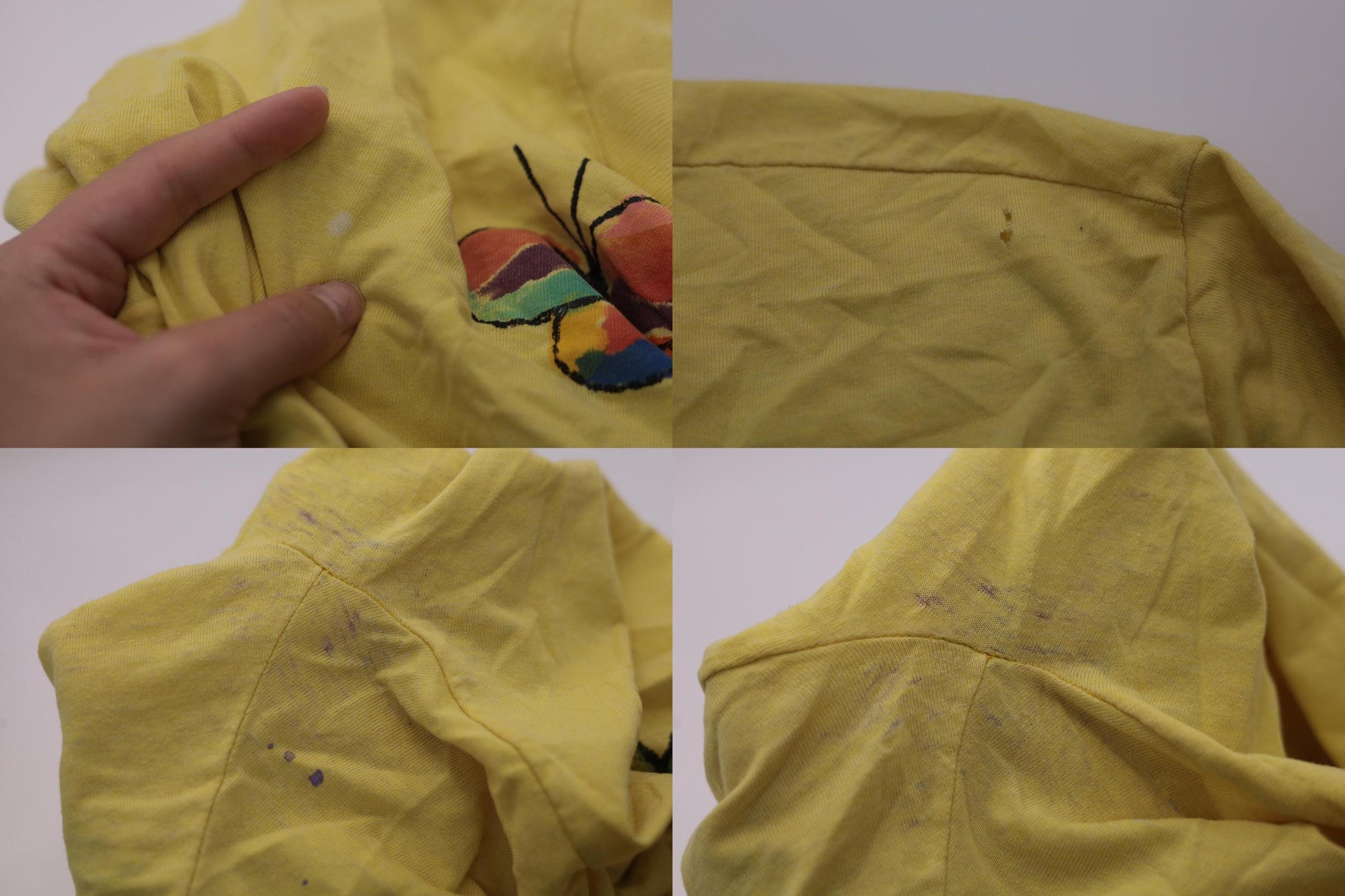 90s Fruit of the Loom Floral Butterfly Graphic T-Shirt Yellow Single Stitch Large L