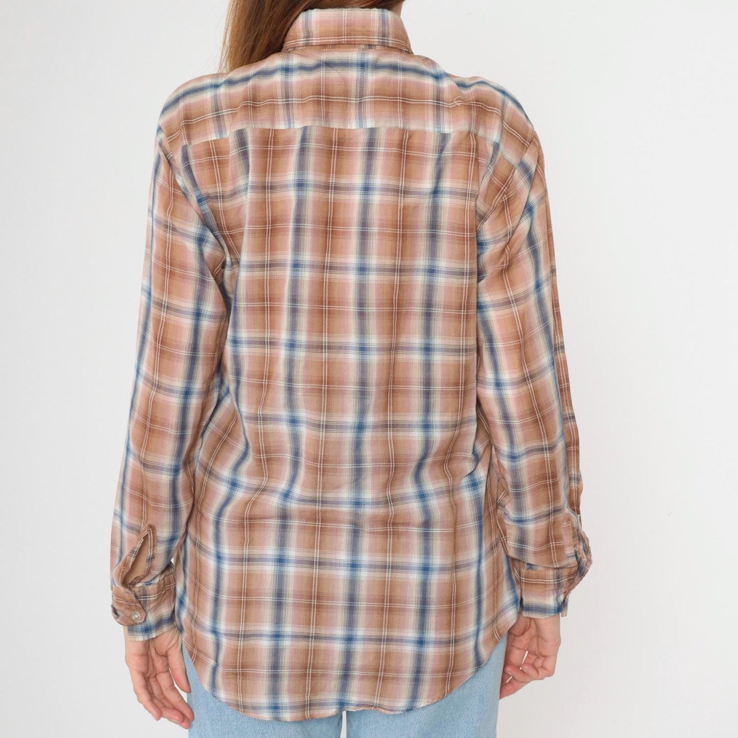 80s Tan Blue Pink Plaid Button Up Shirt Long Sleeve Men's Medium