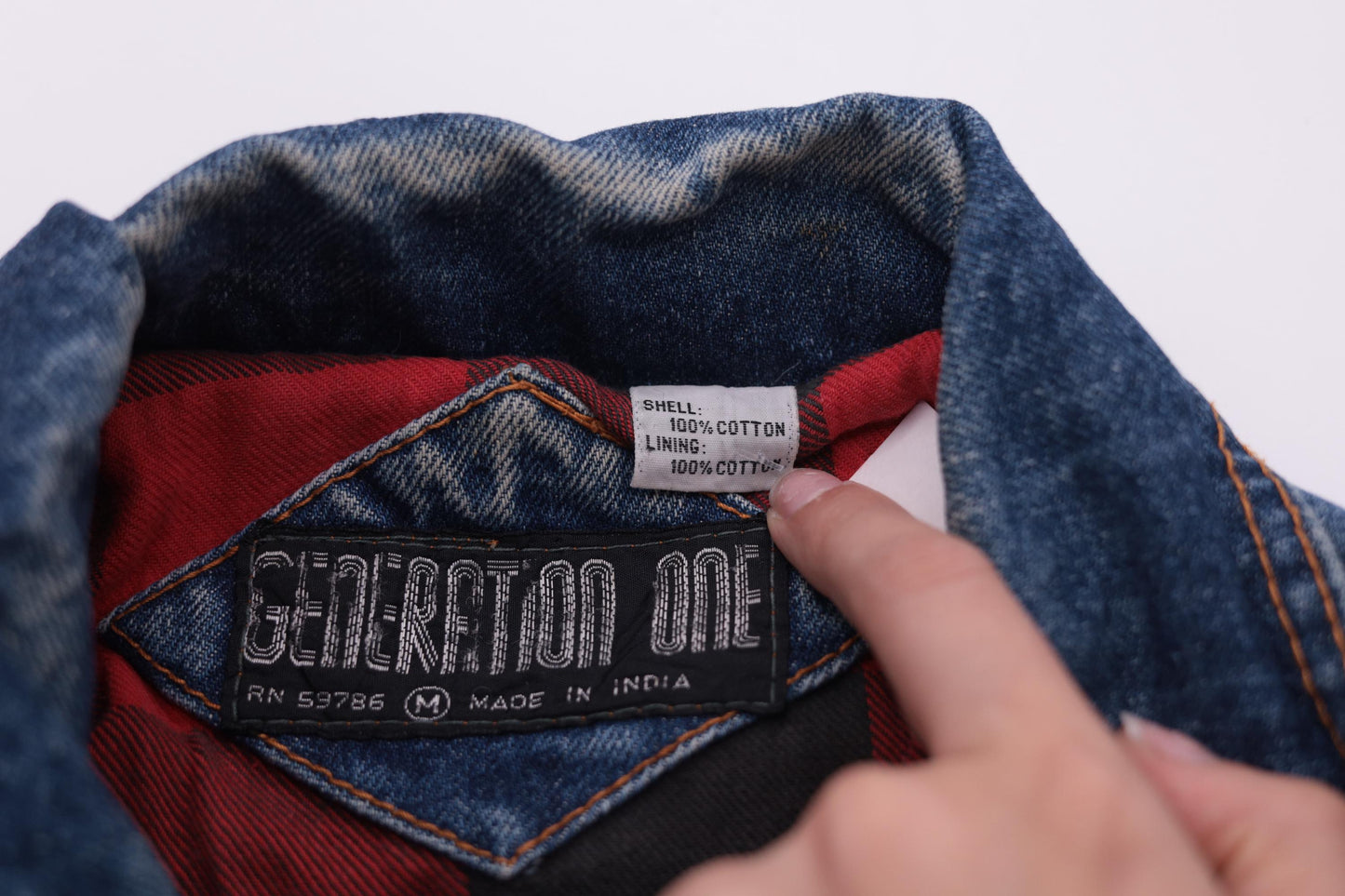 90s Generation One Blue Denim Jacket Red Buffalo Plaid Lining Medium M