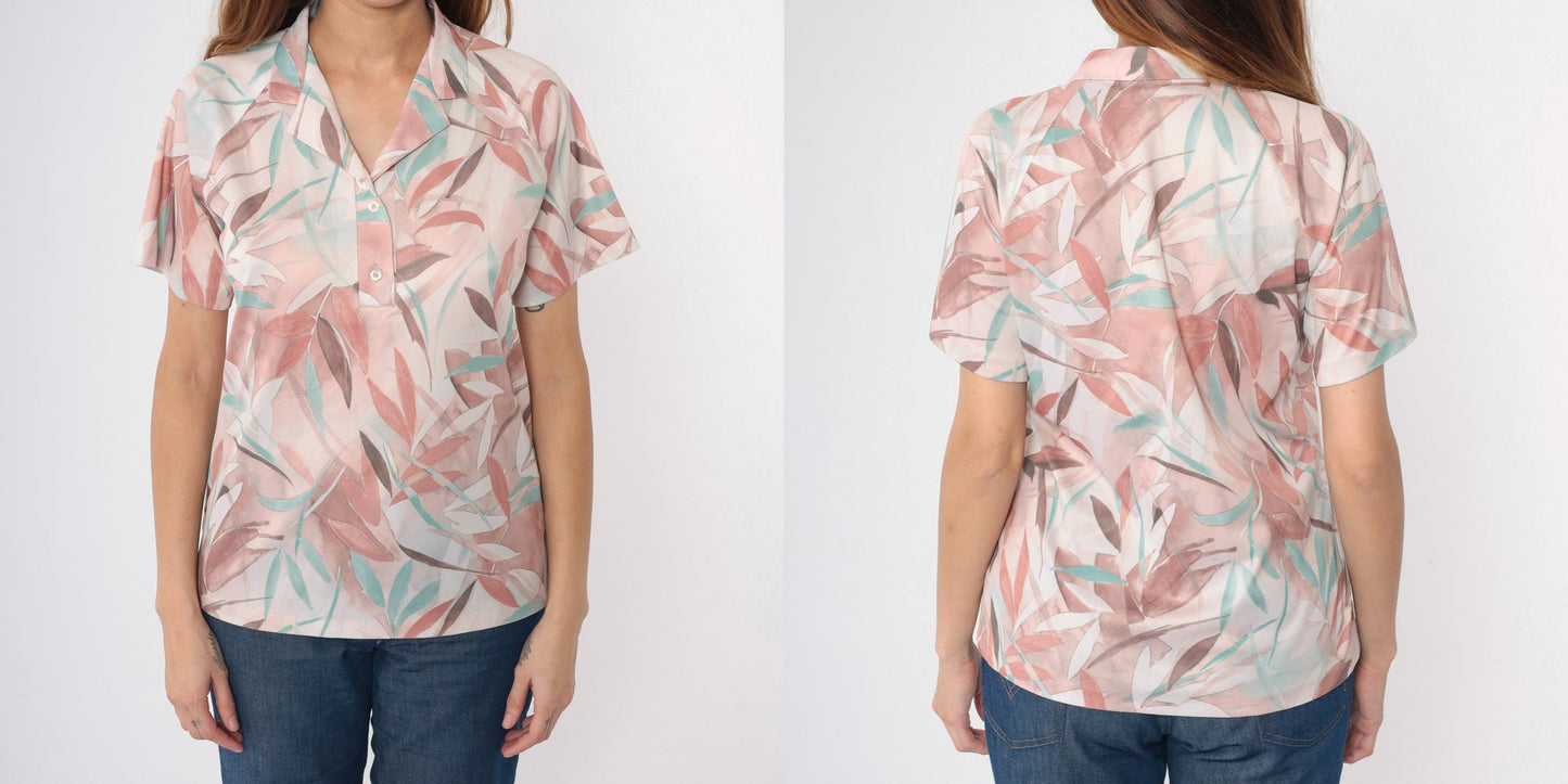 80s Botanical Leaf Print Blouse Pastel Blue Button-Up Collared Shirt Medium