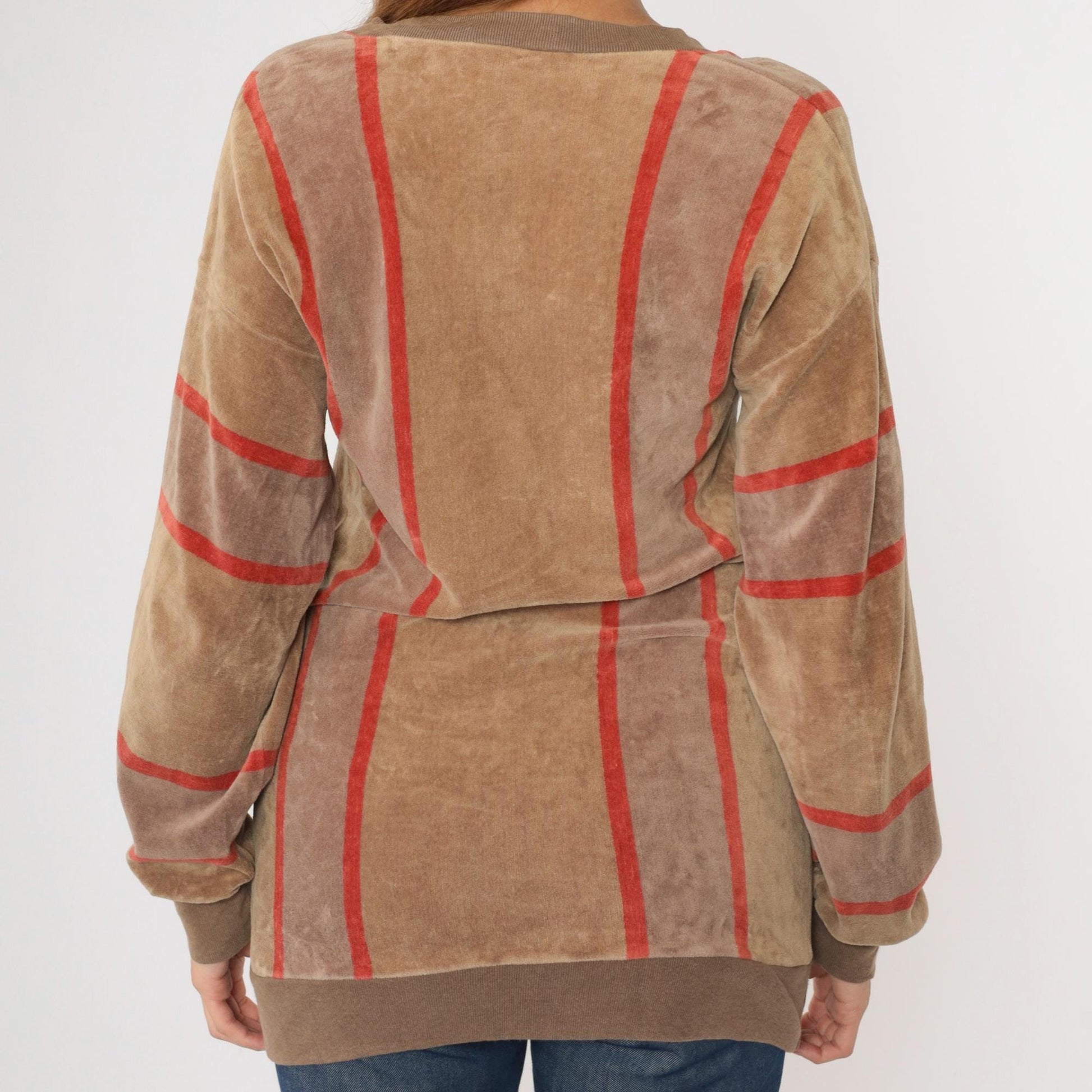 80s Bay Club Velour Sweatshirt Brown Red Striped V-Neck Small