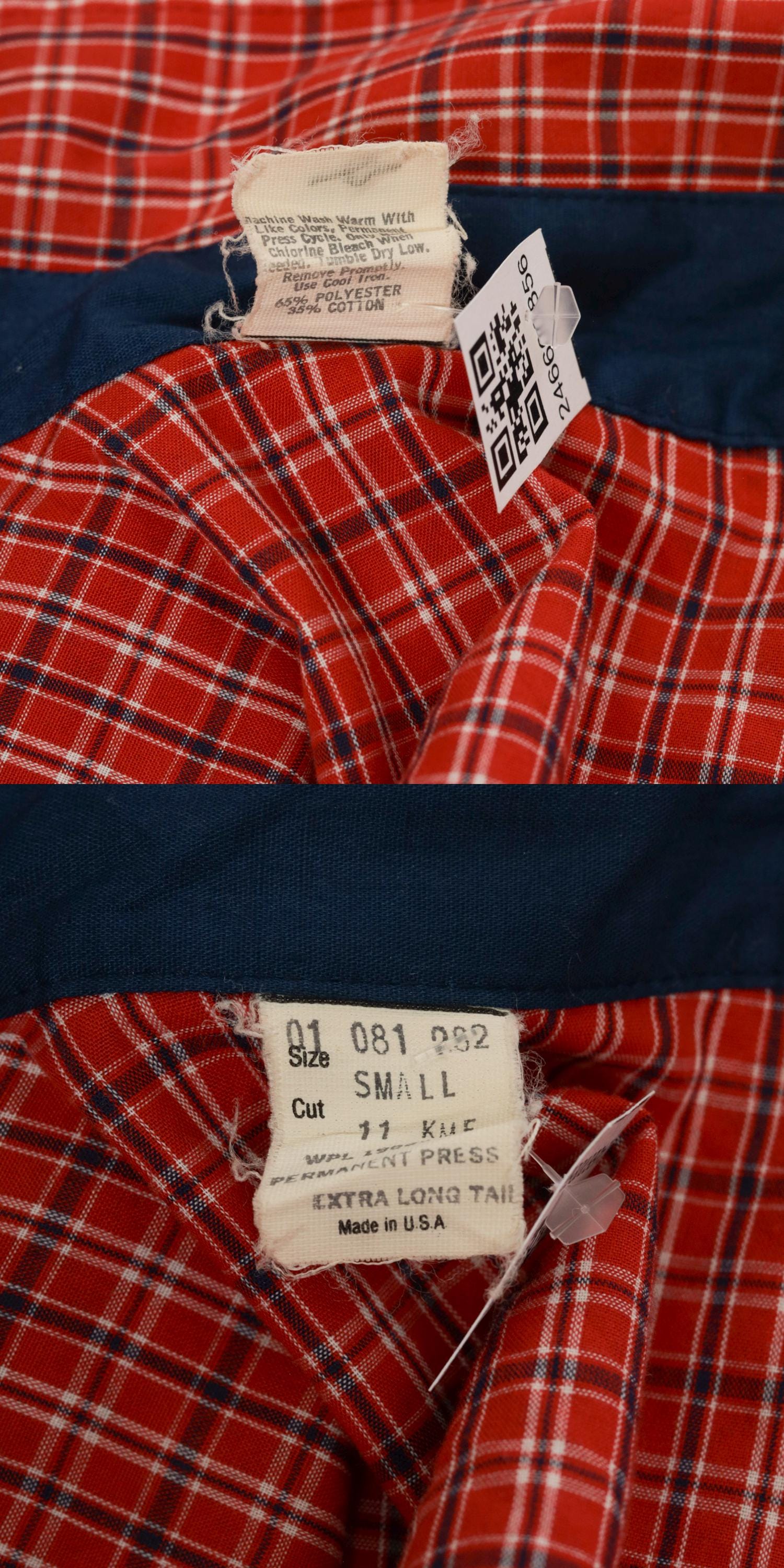70s Western Shirt Red Plaid Pearl Snap Bib Front Long Tail Small S