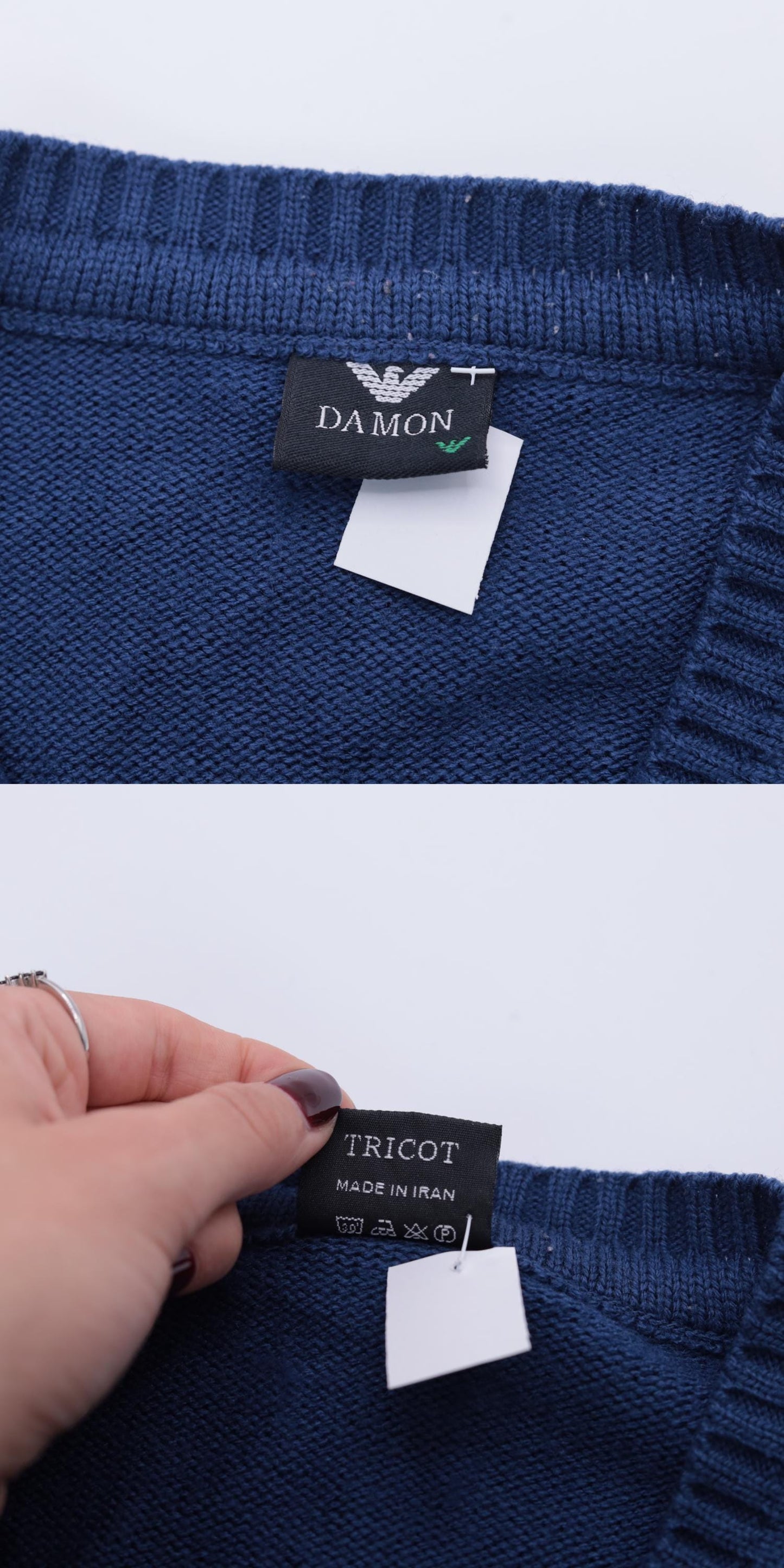 80s Dark Blue Geometric Knit V-Neck Pullover Sweater Tricot Medium M
