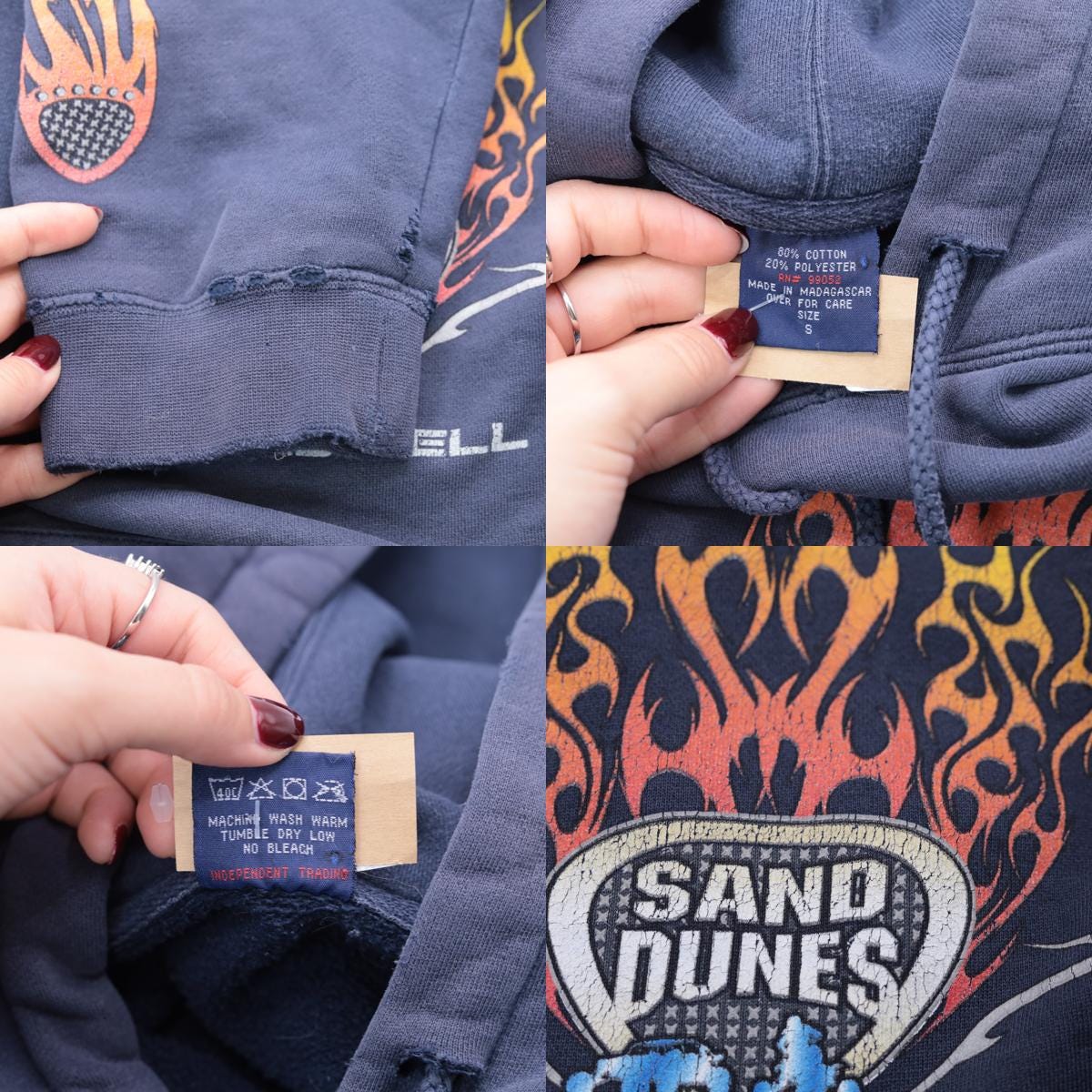 Y2K Gordons Well Sand Dunes Hoodie Navy Flame Graphic Pullover Small S