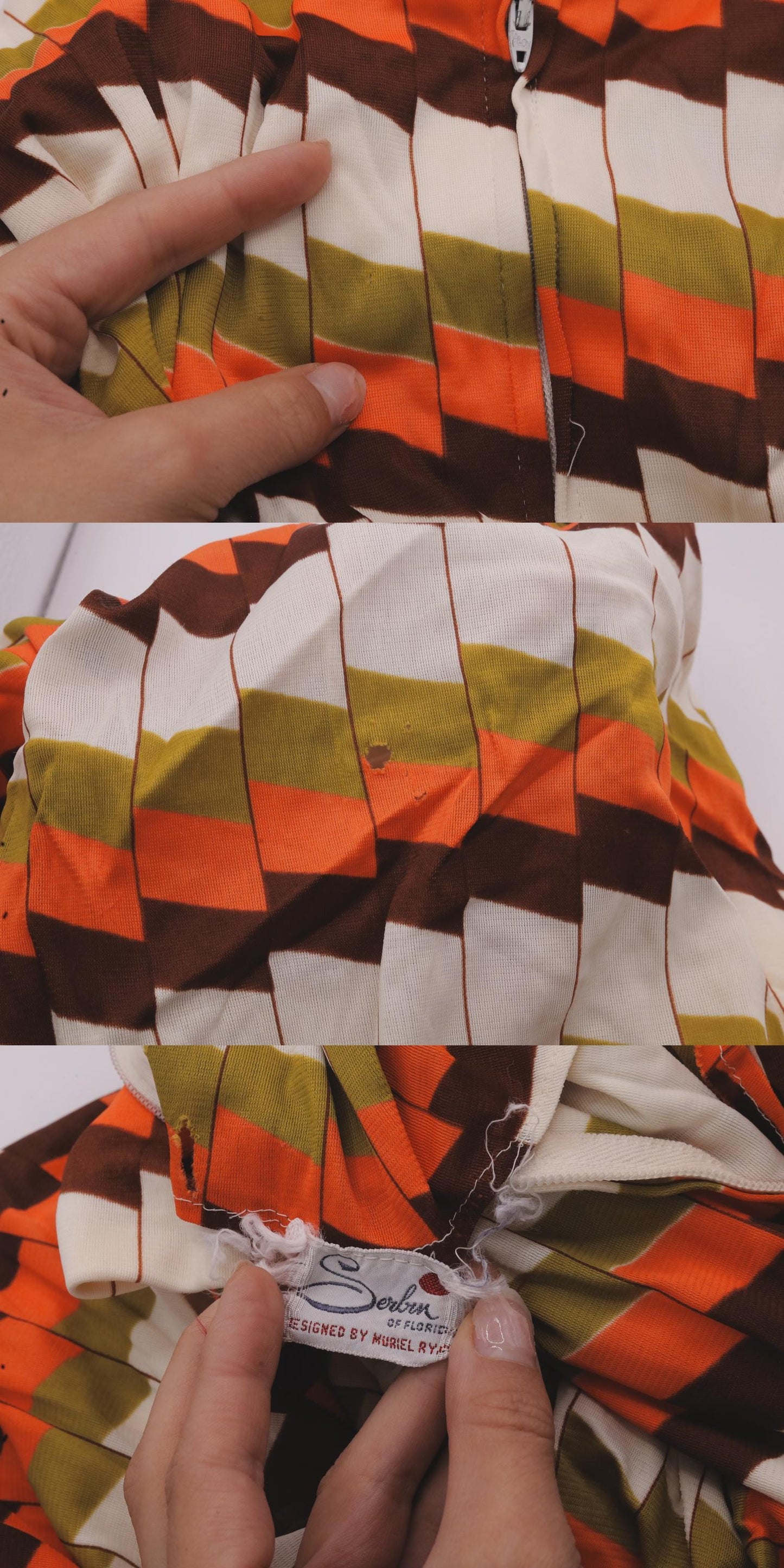 60s Mod Shift Dress Geometric Striped Mock Neck Knee-Length Green Orange Medium