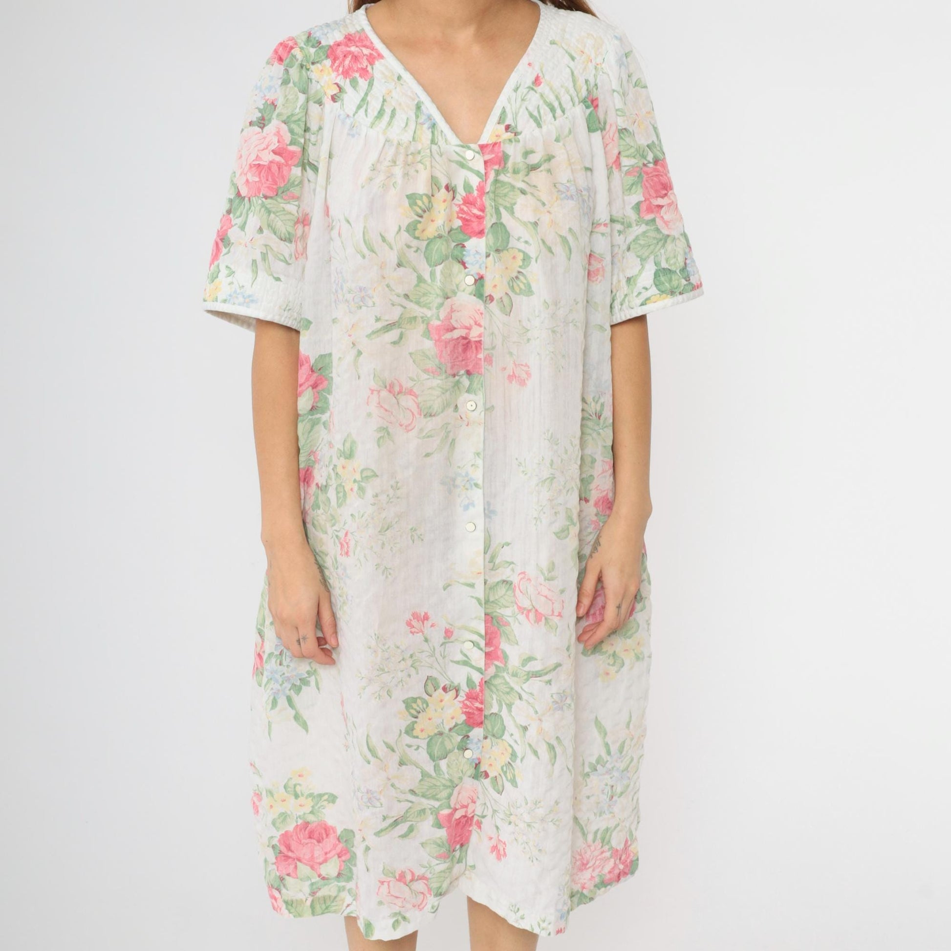 80s Floral Lounge Dress White Snap-Front Nightgown Pockets Extra Large
