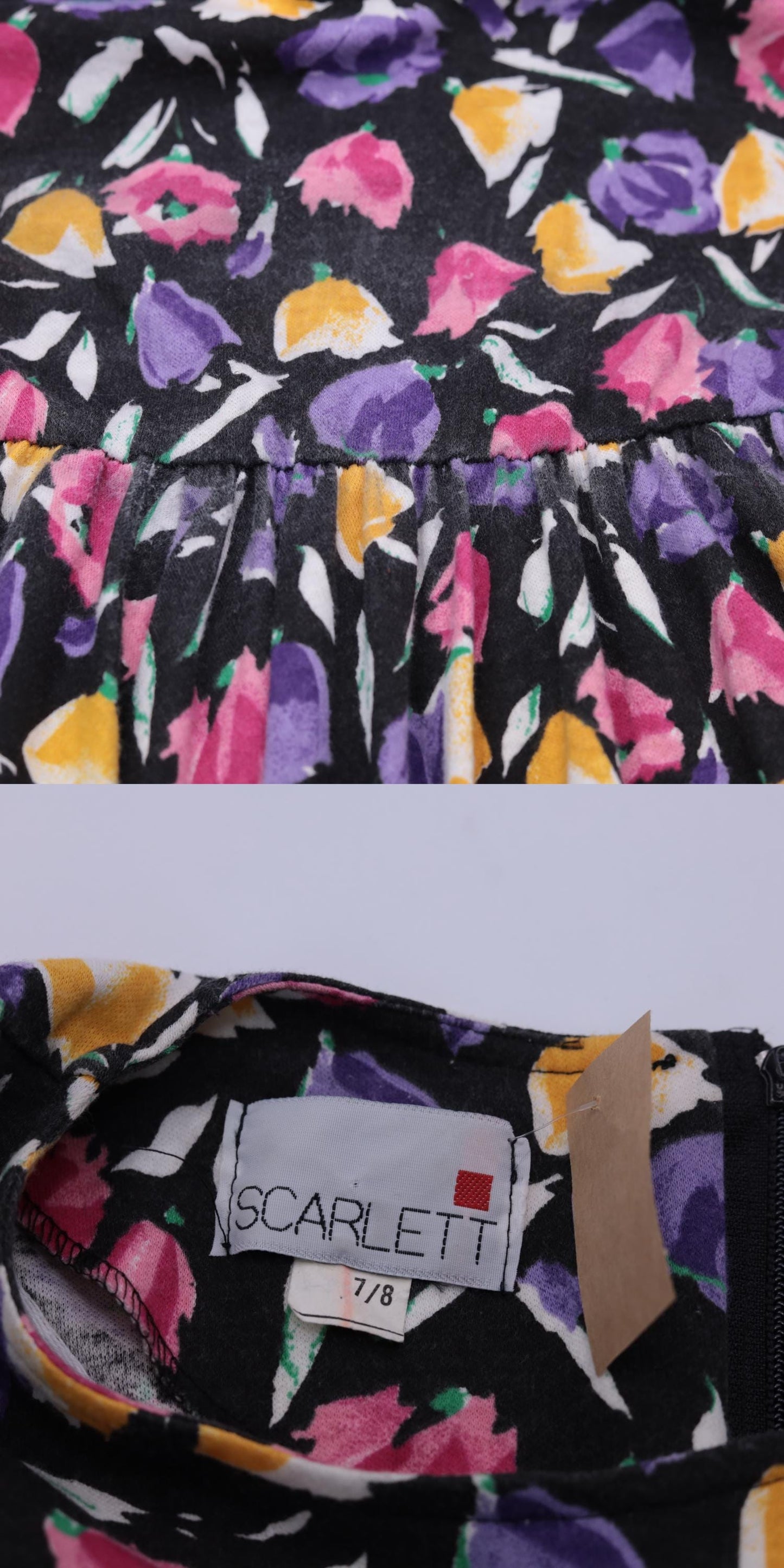 80s Black Floral Drop Waist Midi Dress Pink Yellow Purple 3/4 Sleeve Medium