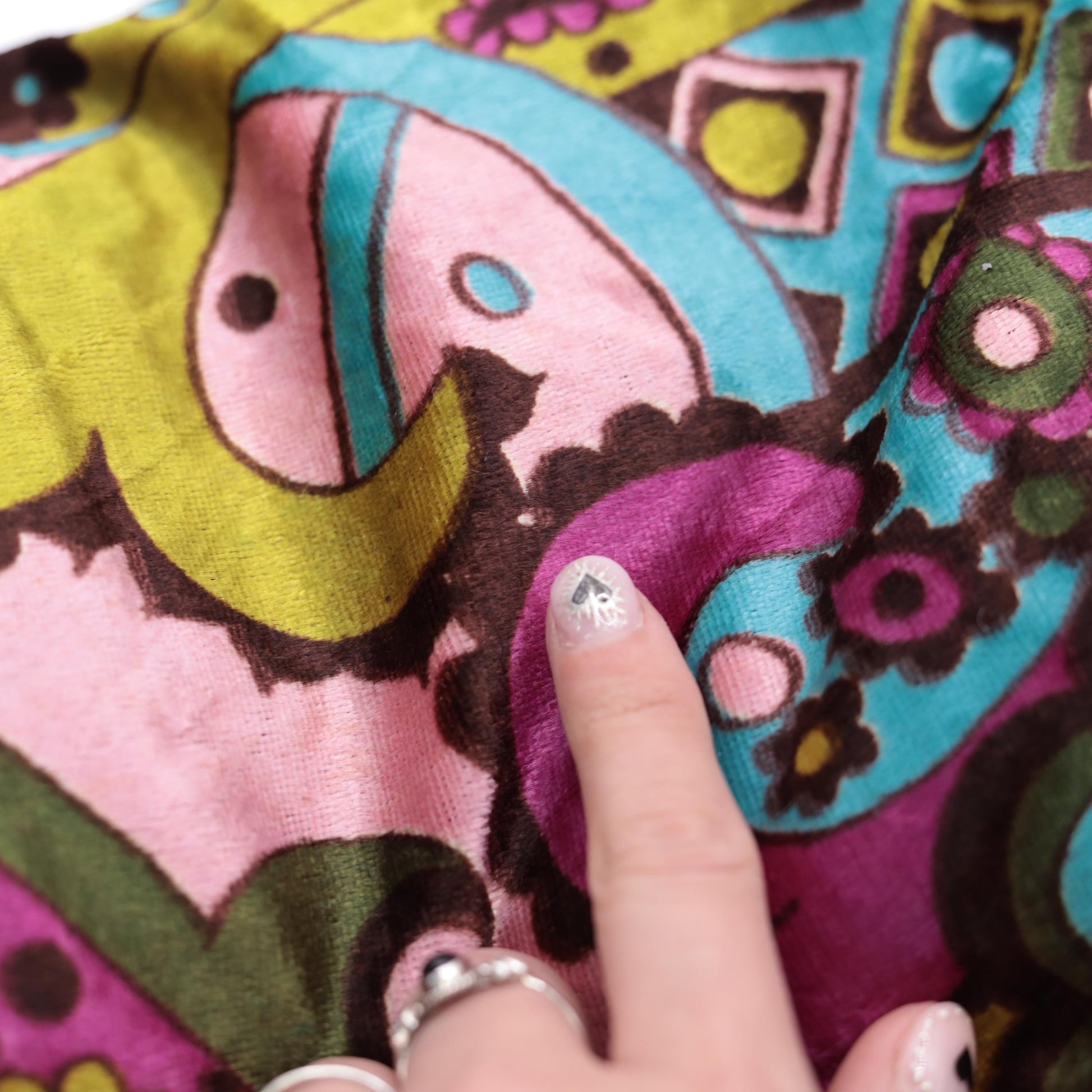 70s Psychedelic Velvet Paisley Maxi Dress Black High Waist Long Sleeve Front Slit Small