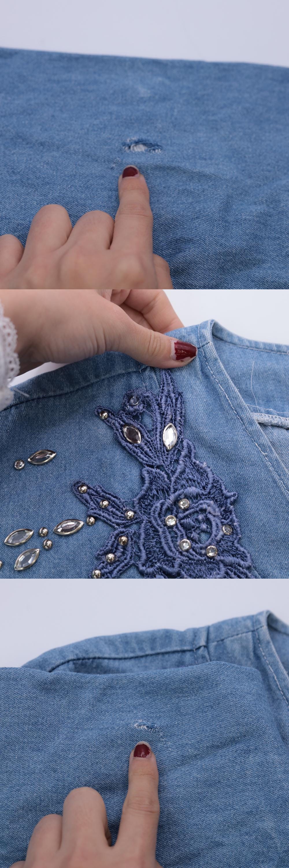 90s Blue Denim Beaded Button-Up Shirt Lace Applique Western V-Neck Extra Large