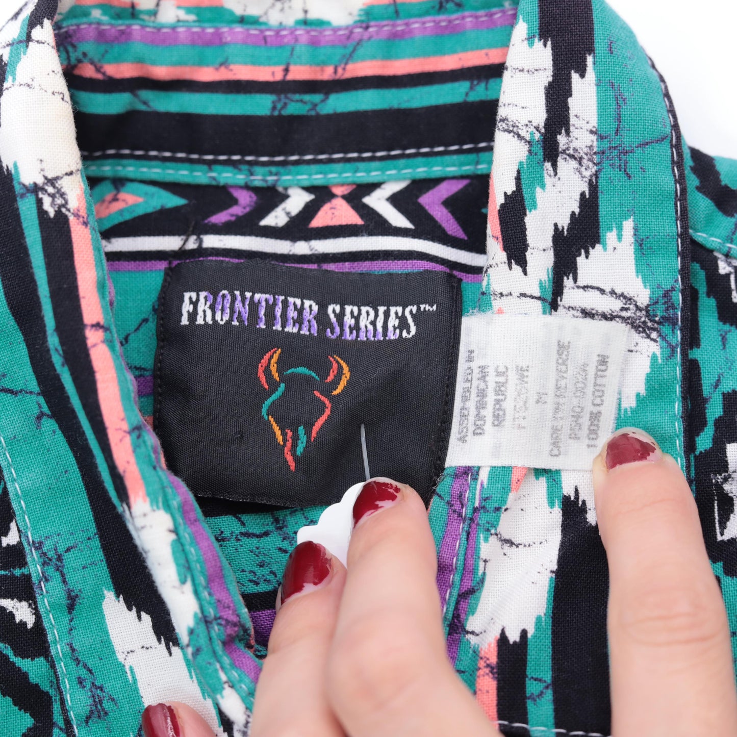 90s Frontier Series Western Shirt Green Purple Aztec Print Snap Button Small