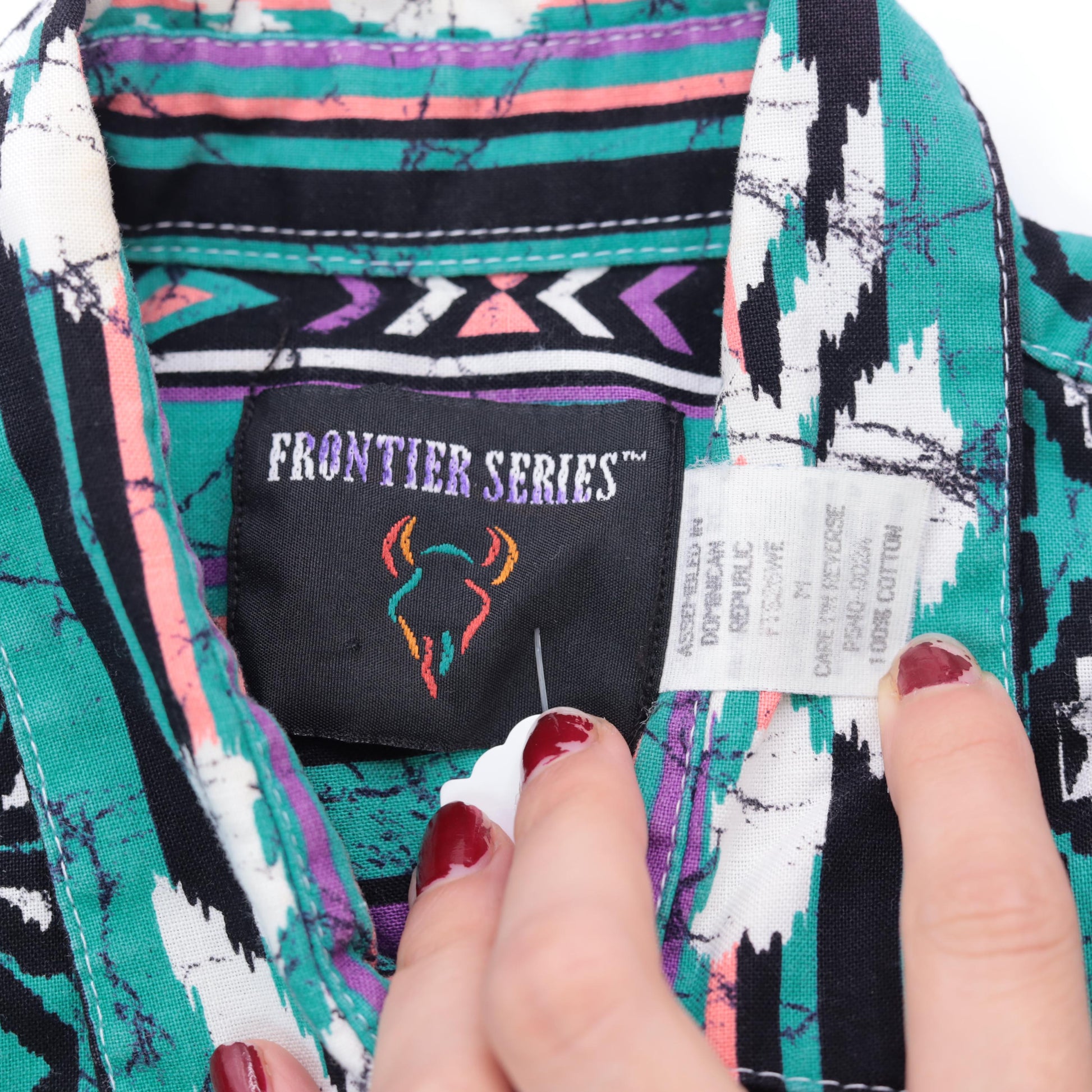 90s Frontier Series Western Shirt Green Purple Aztec Print Snap Button Small