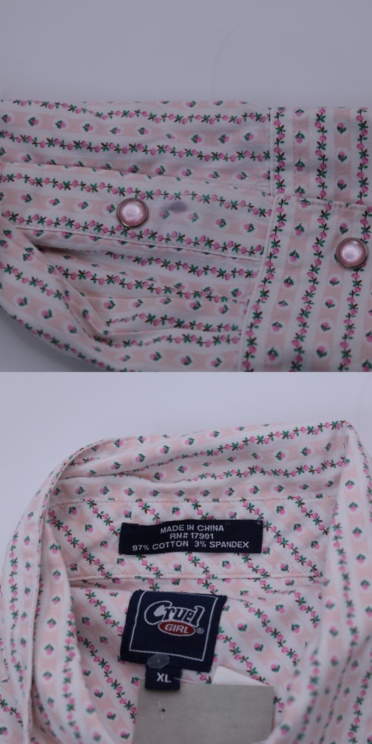 Y2K Cruel Girl Western Shirt Pink Floral Stripe Pearl Snap Blouse Extra Large XXL