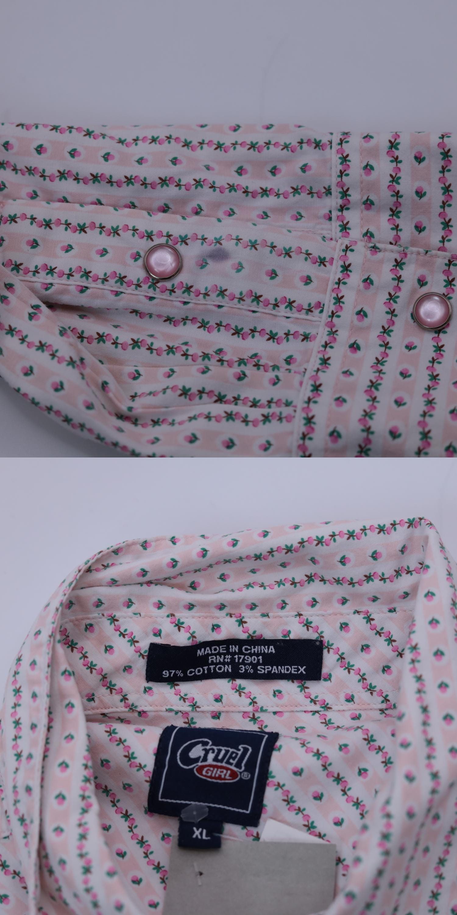 Y2K Cruel Girl Western Shirt Pink Floral Stripe Pearl Snap Blouse Extra Large XXL
