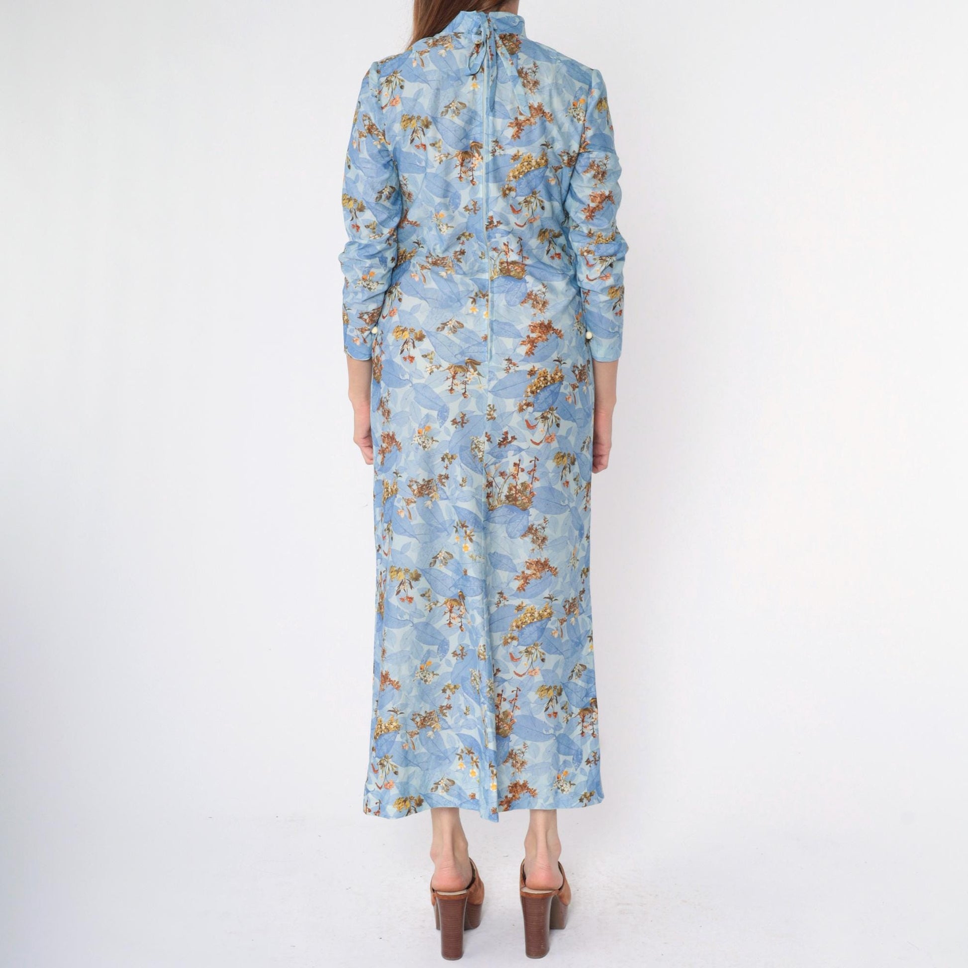 70s Blue Floral Maxi Dress Mock Neck Long Sleeve Small