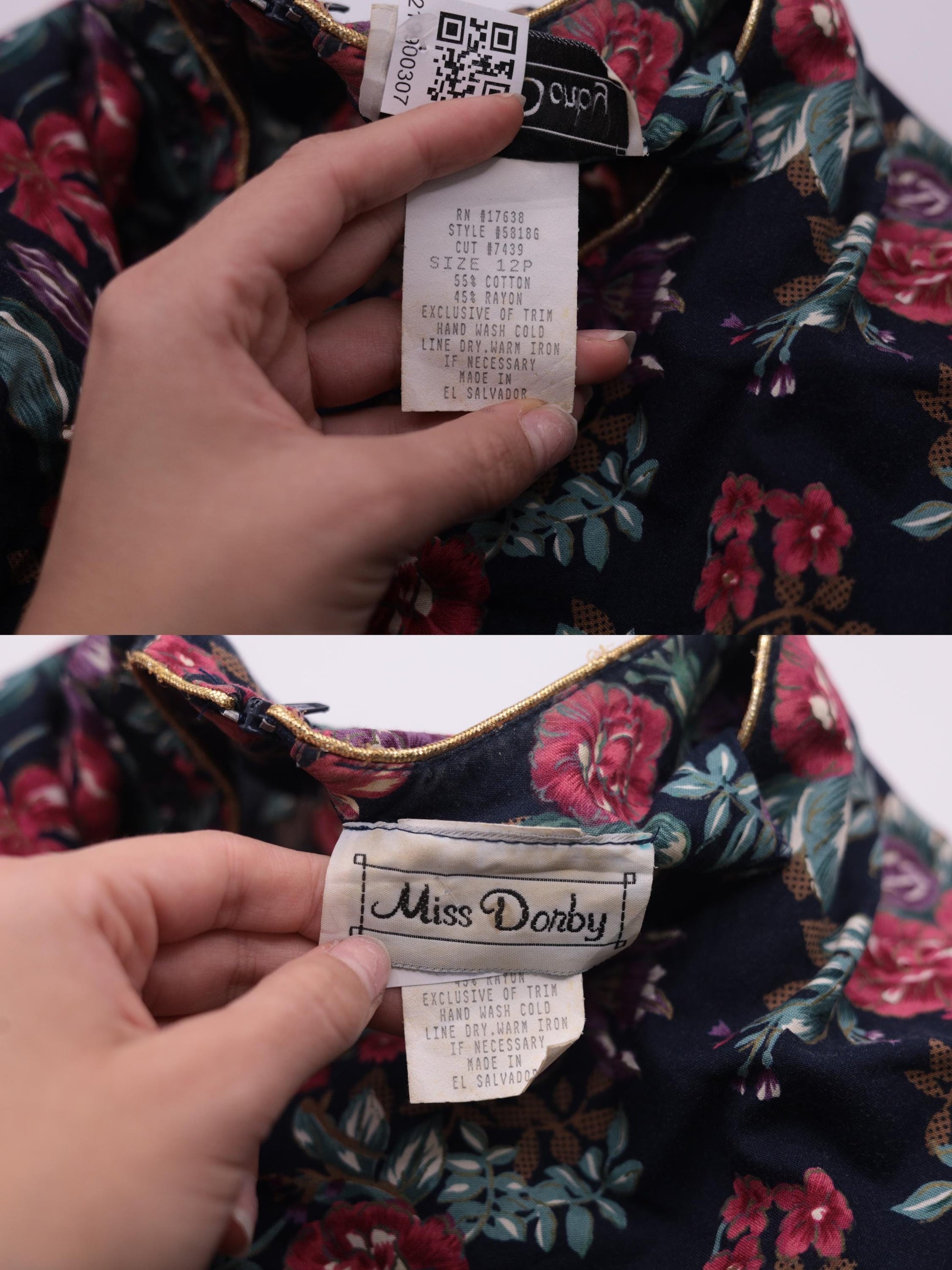 80s Navy Floral Midi Dress Puff Sleeve Basque Waist Smocked Back Medium Petite