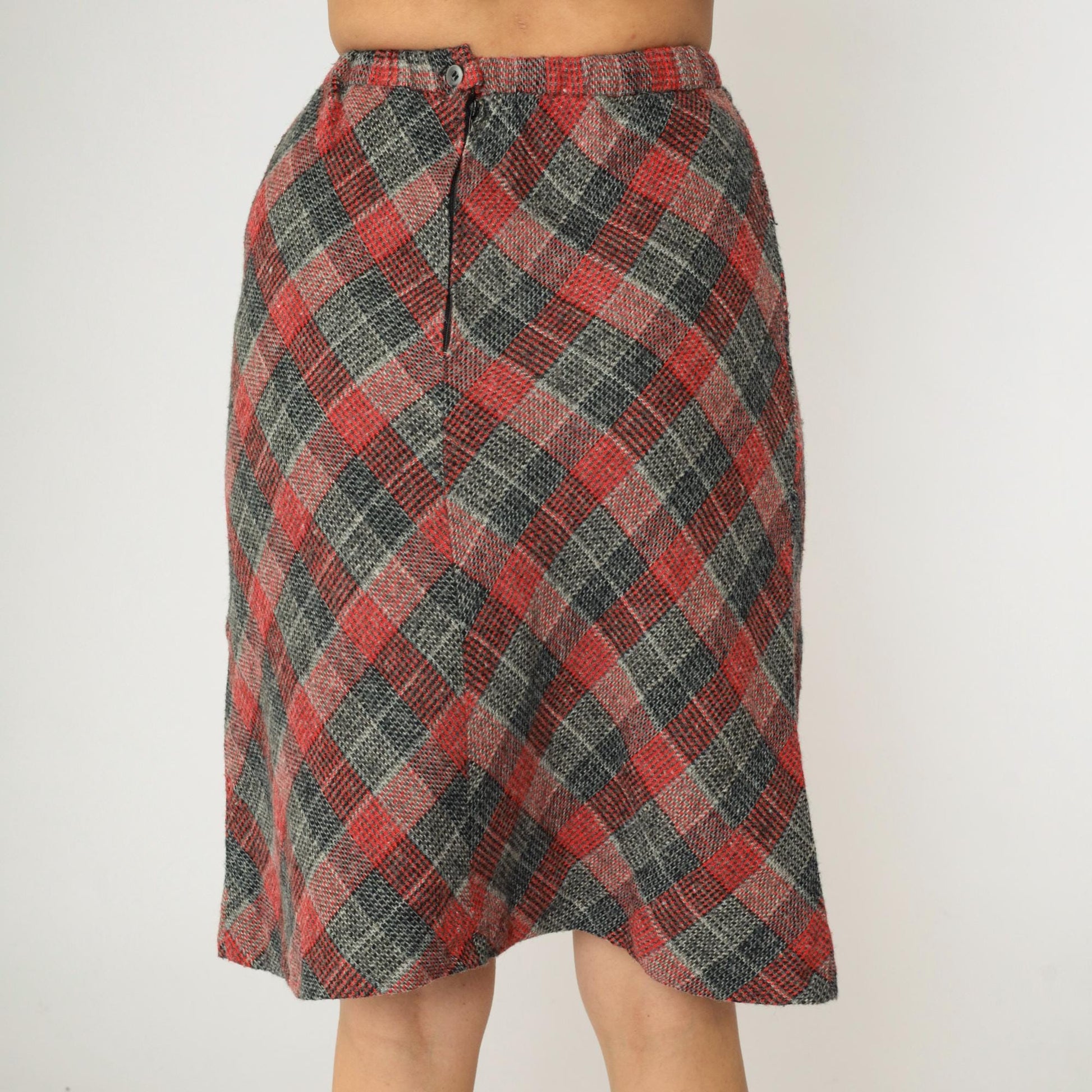 80s Checkered Skirt Grey Red High Waisted Straight Knee Length Extra Small