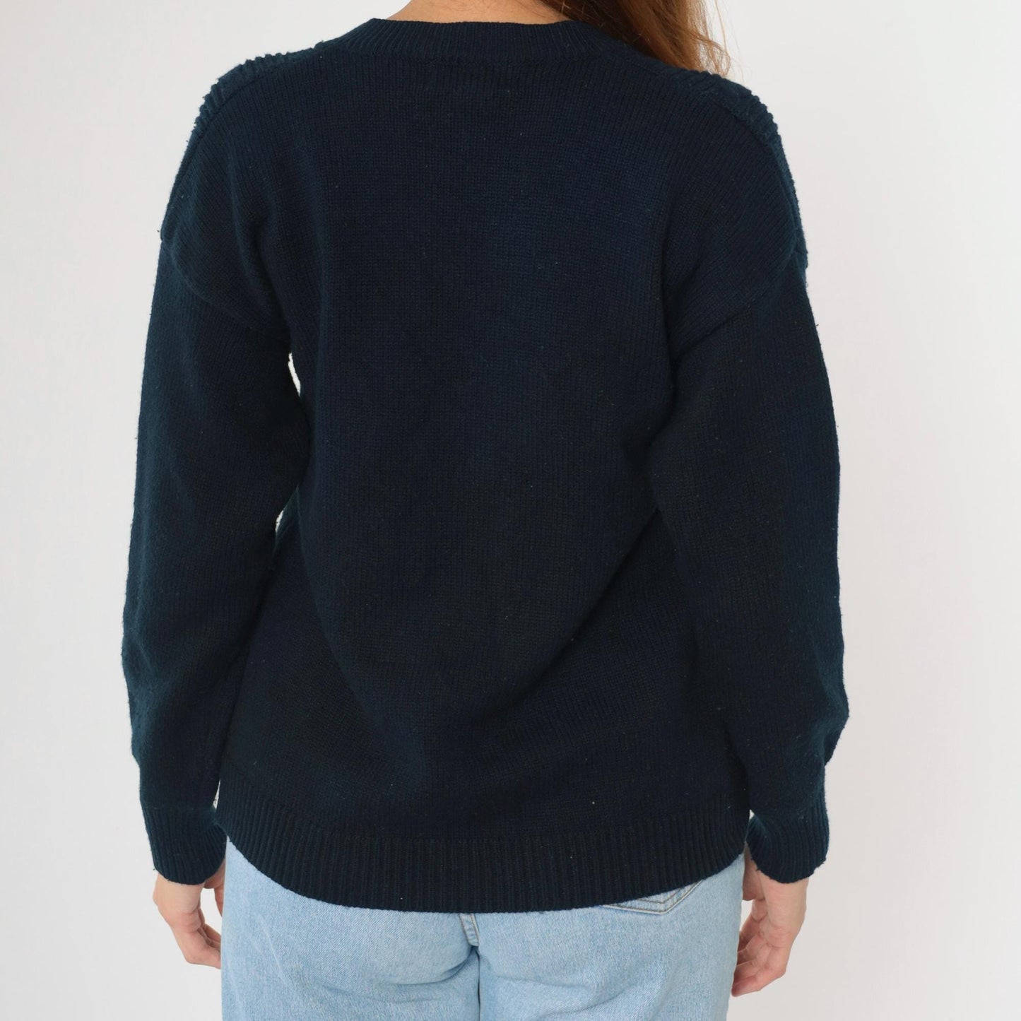 90s Navy Cable Knit Cardigan Button-Up V-Neck Sweater Small S