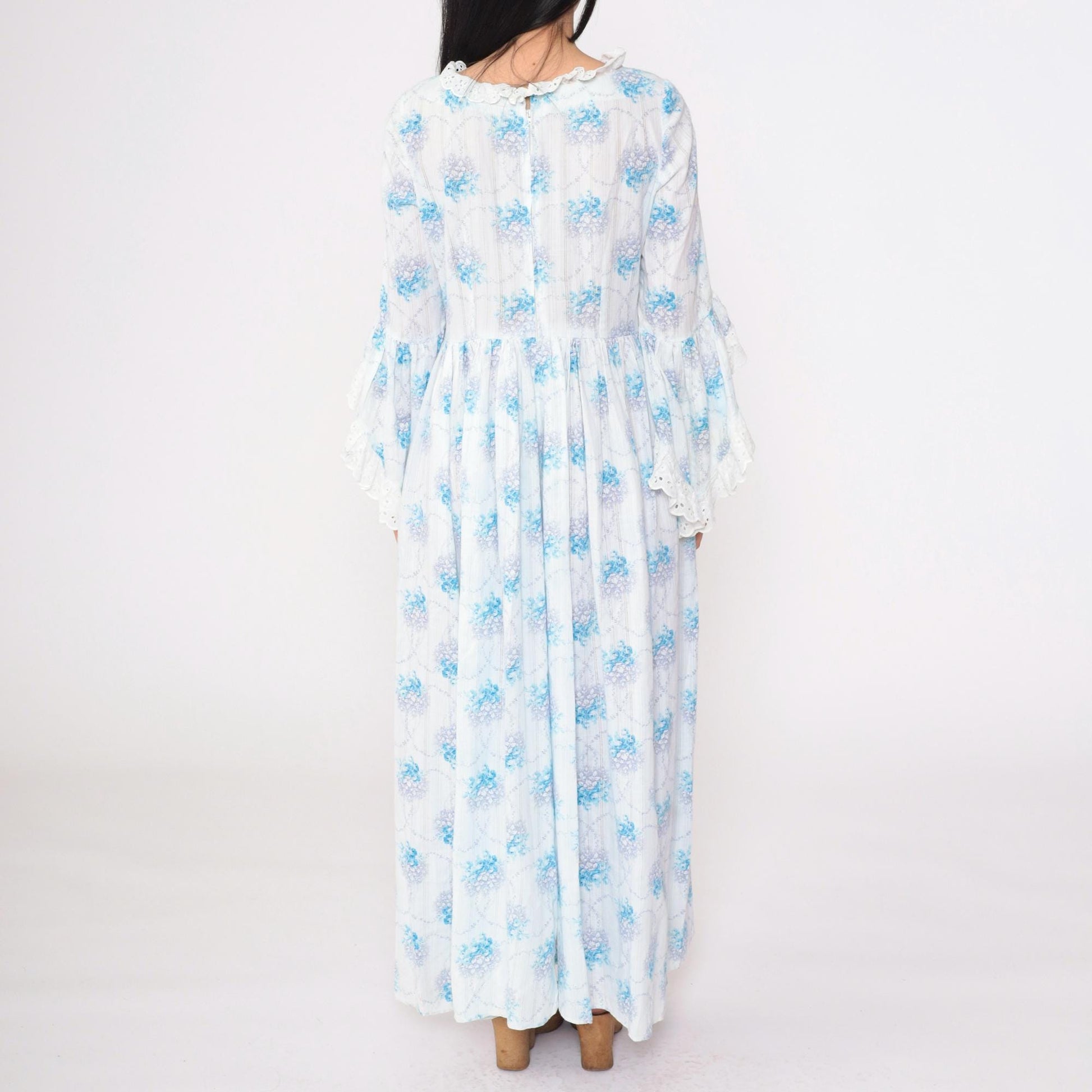 70s Floral Prairie Maxi Dress White Blue Bell Sleeve High Waist Lace Bib Medium Large