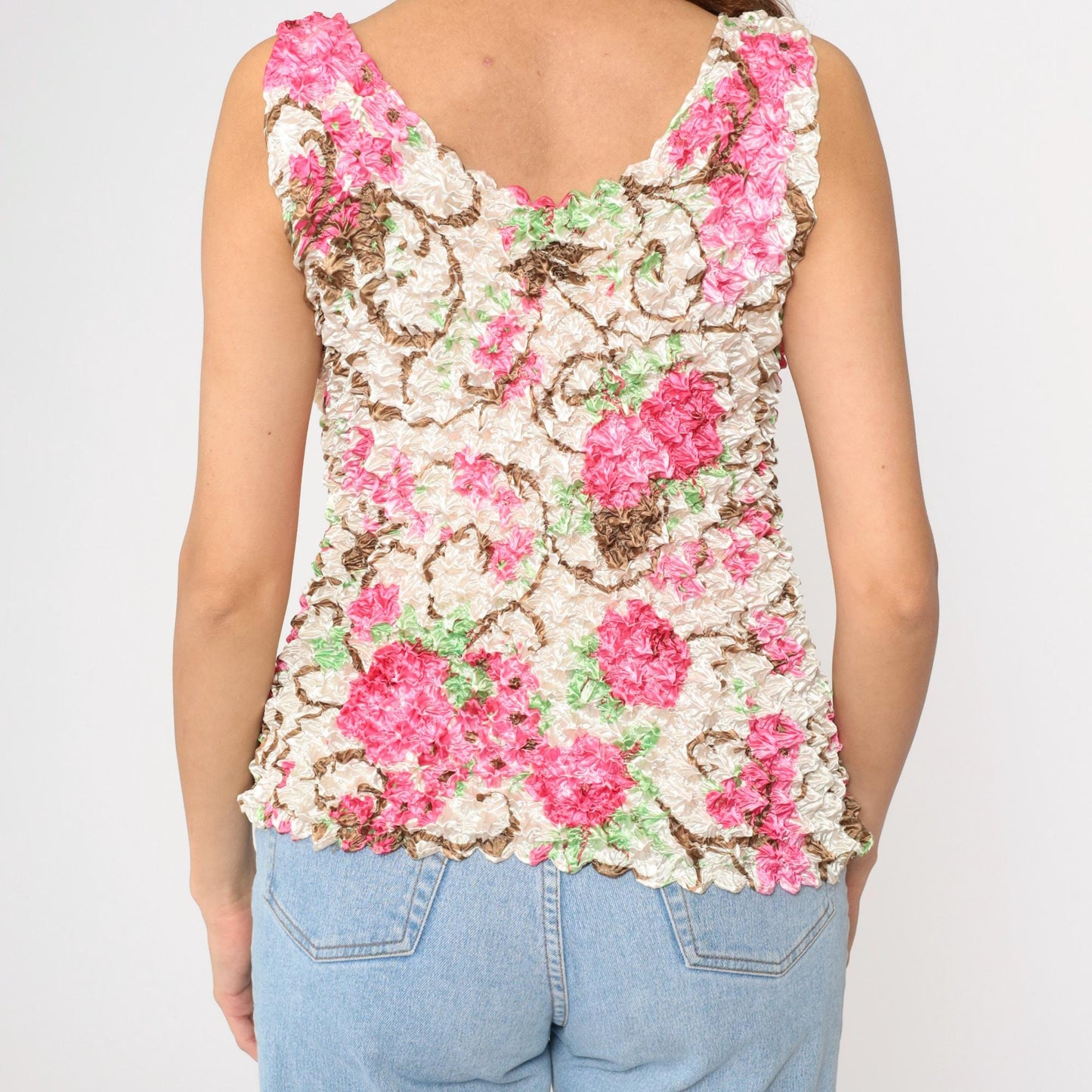 Y2K Floral Popcorn Tank Top Off-White Pink Flower Print Sleeveless Blouse Small