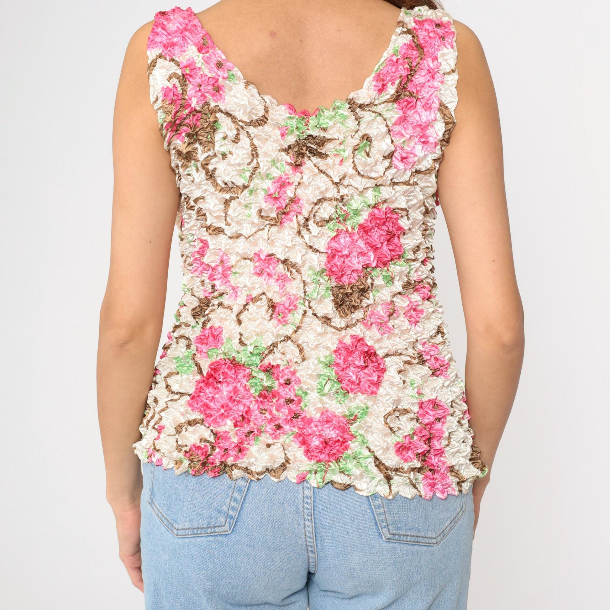 Y2K Floral Popcorn Tank Top Off-White Pink Flower Print Sleeveless Blouse Small