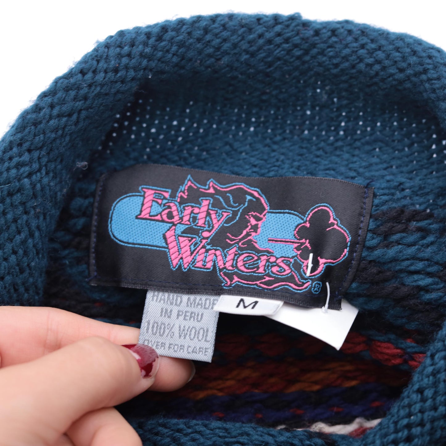 90s Early Winters Wool Southwestern Sweater Teal Geometric Roll Neck Medium M
