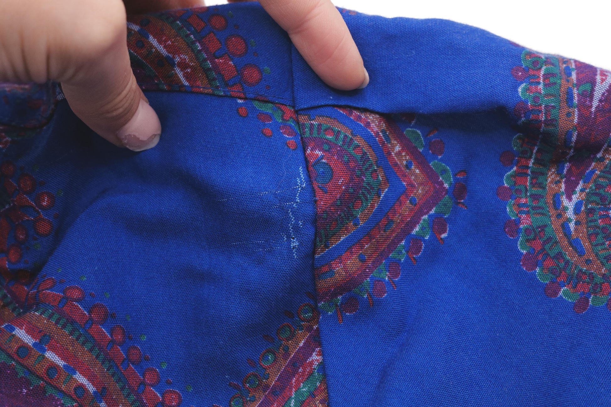 80s Paisley Midi Shirtdress Royal Blue High Waist Puff Sleeve Button Up Medium