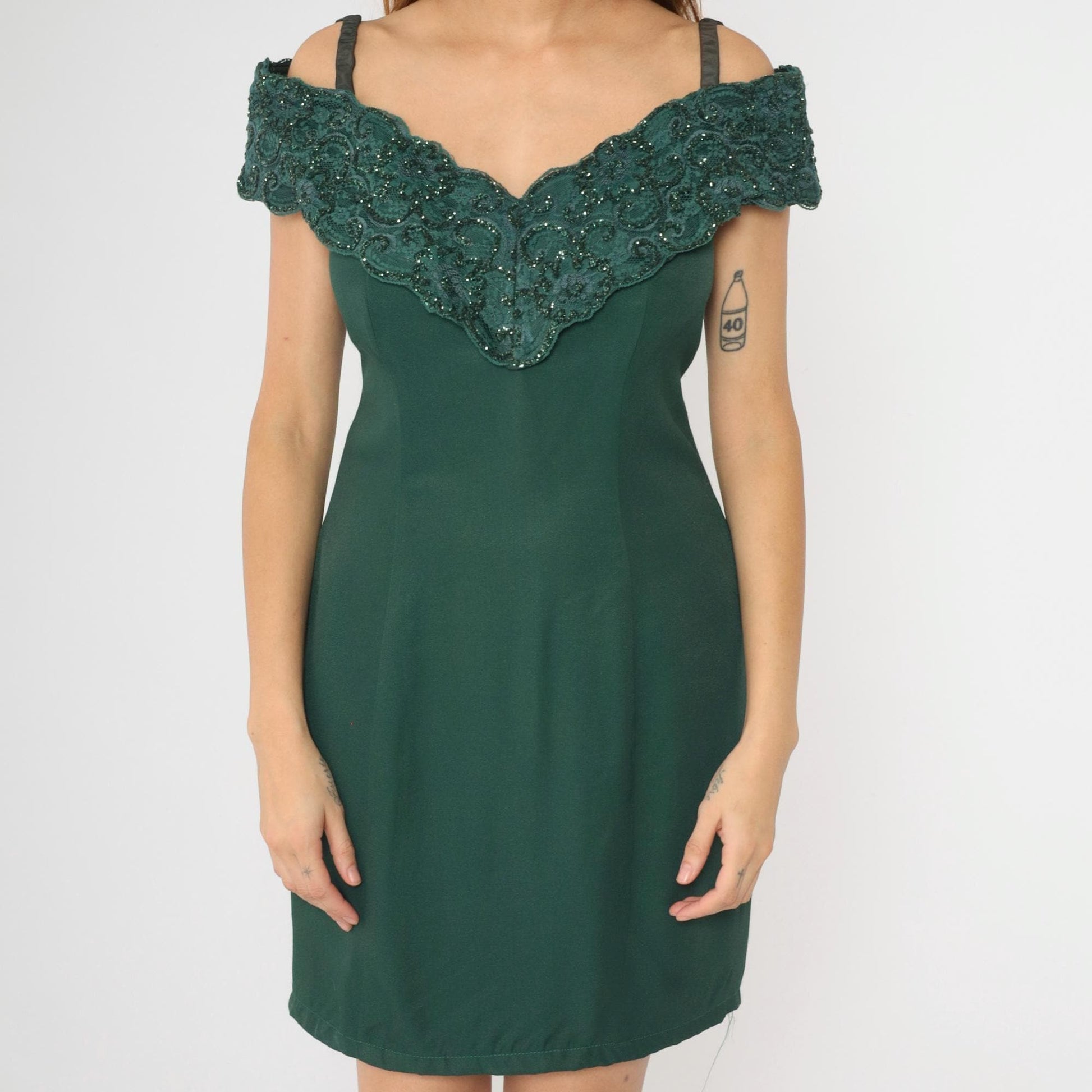 80s Niki Originals Off-Shoulder Party Dress Deep Green Lace Glitter Medium