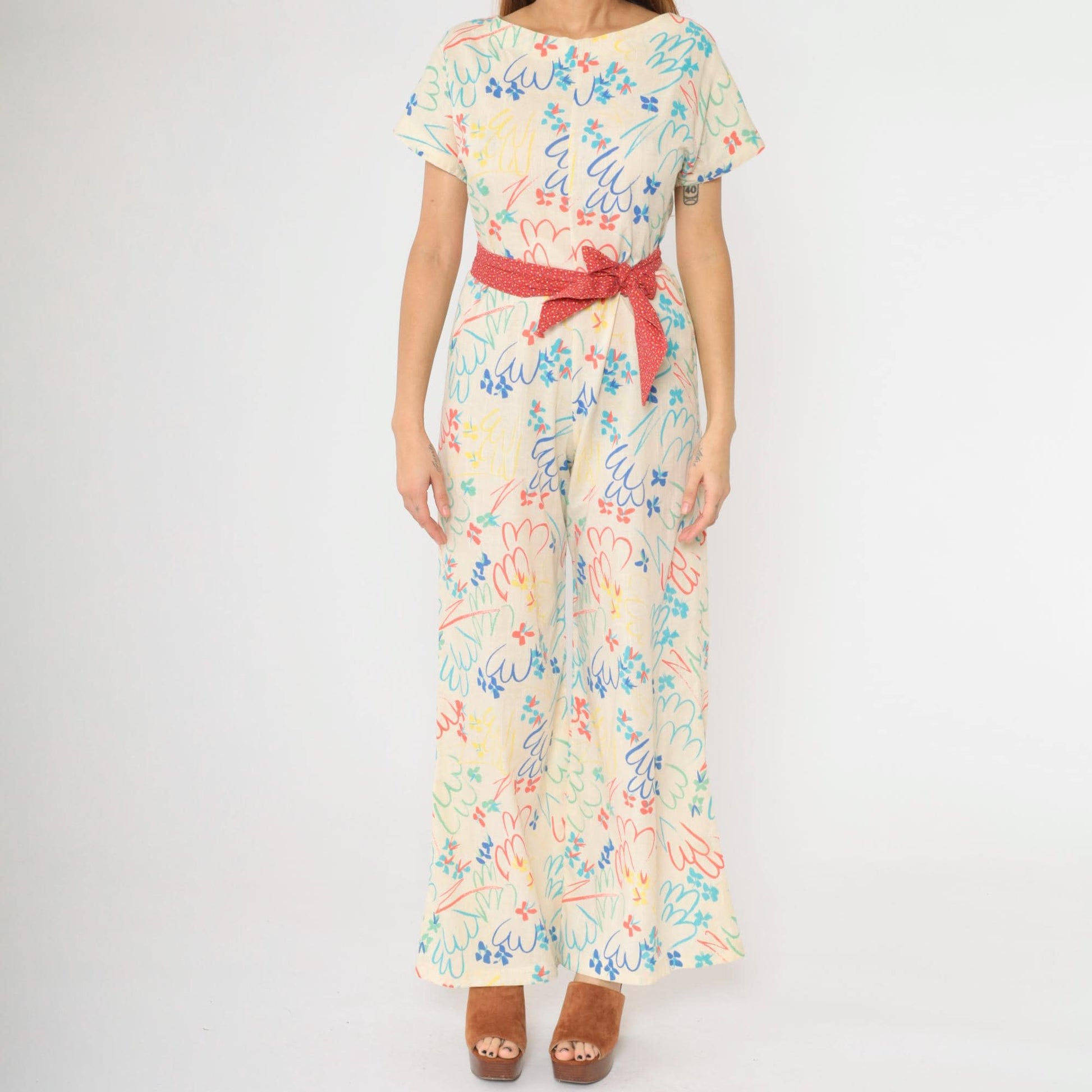 70s Floral Wide Leg Jumpsuit Off-White Short Sleeve Zip Back Small Medium