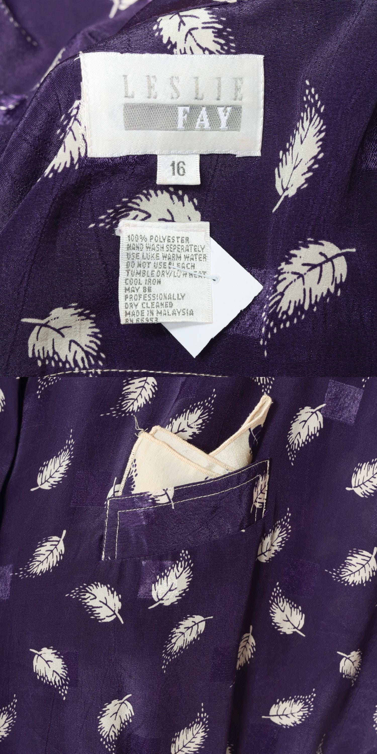 80s Leslie Fay Purple Leaf Embossed Grid Midi Shirtdress Large XL