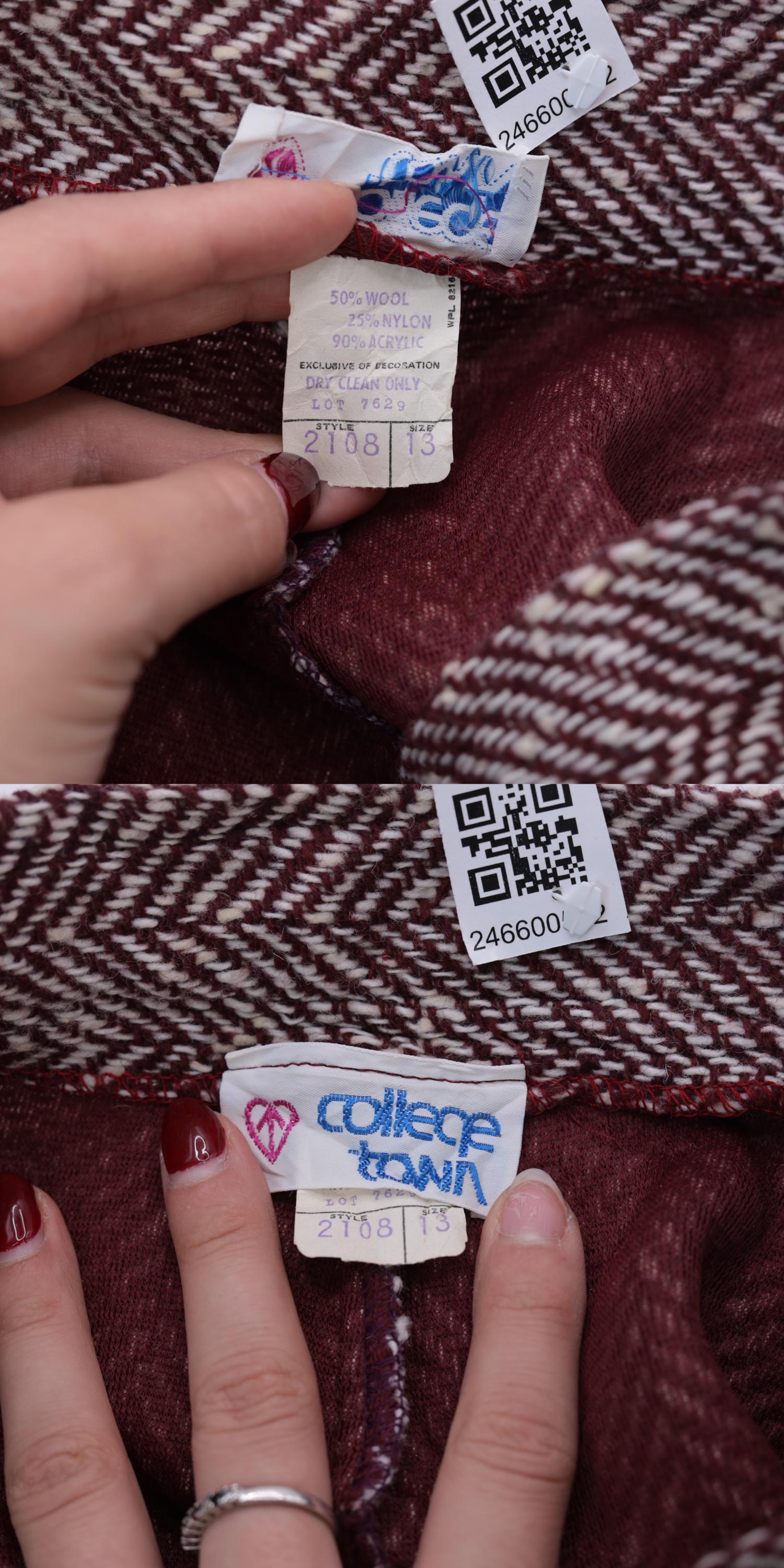 70s 80s Wool Blend Herringbone Shorts Burgundy White High Waist Cuffed Small