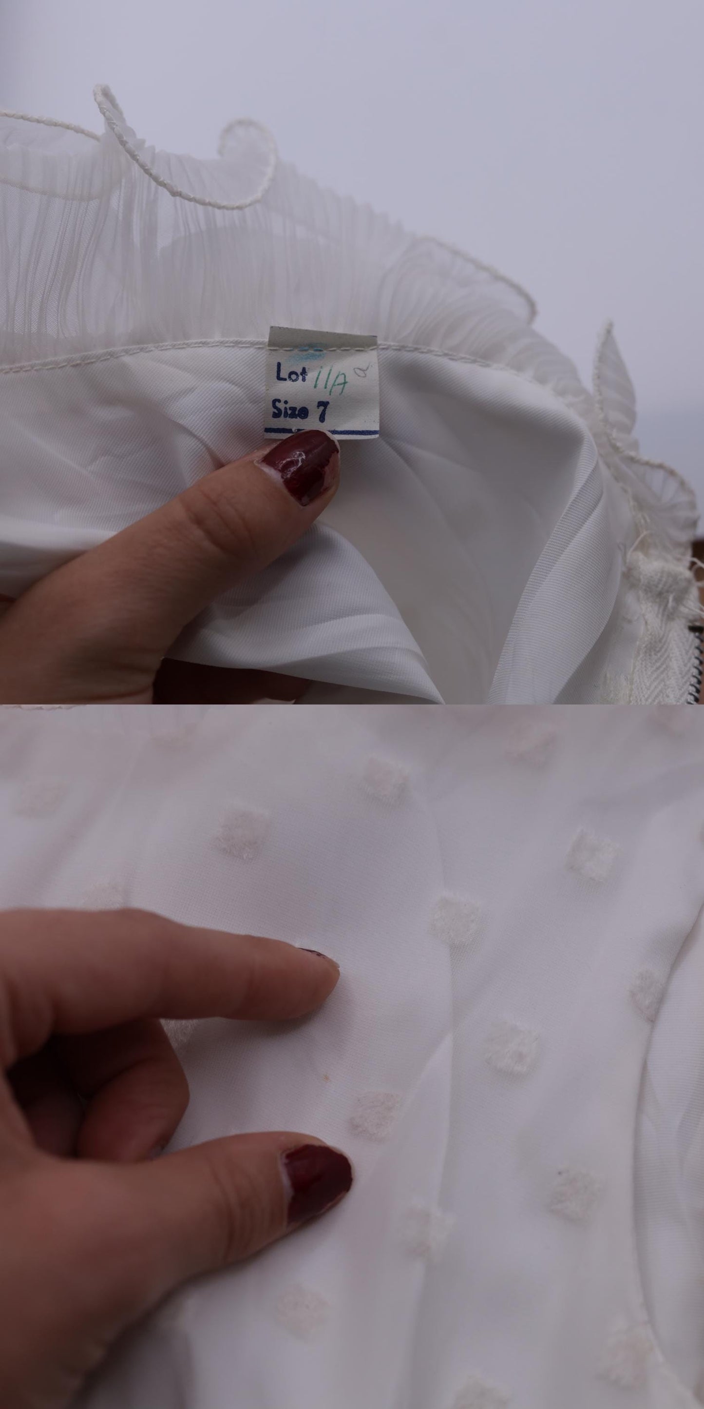 60s White Maxi Dress Flocked Polka Dot Empire Waist Satin Bow Extra Small