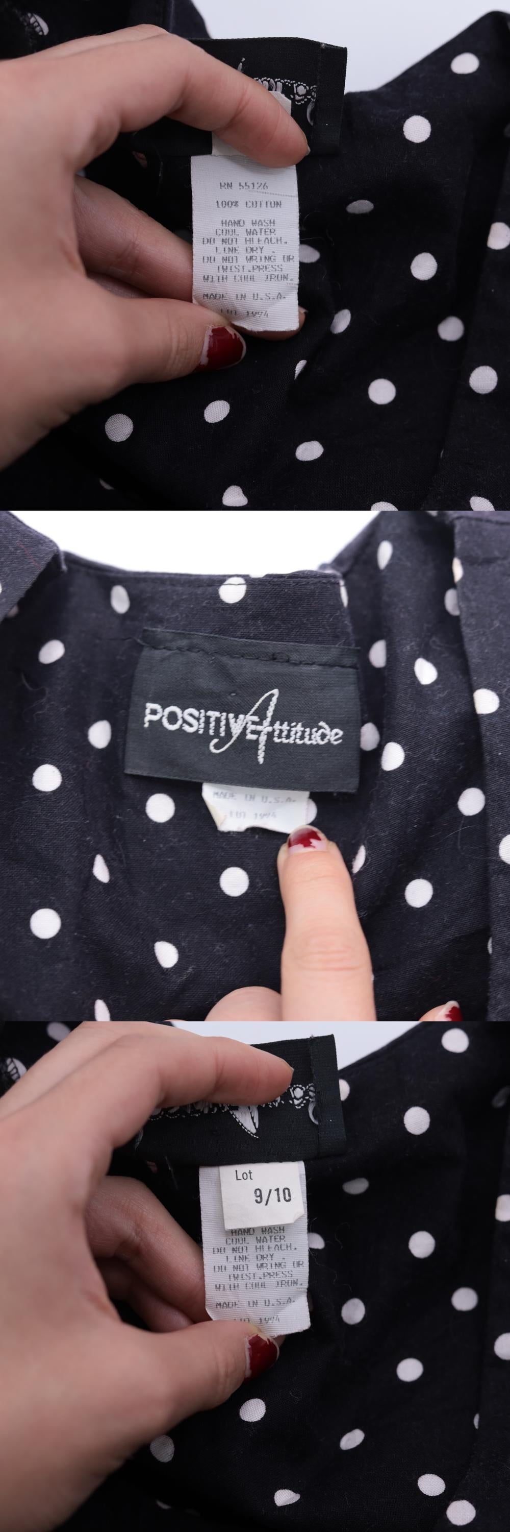 90s Black Polka Dot Midi Dress Button-Up Cotton High Waist Medium
