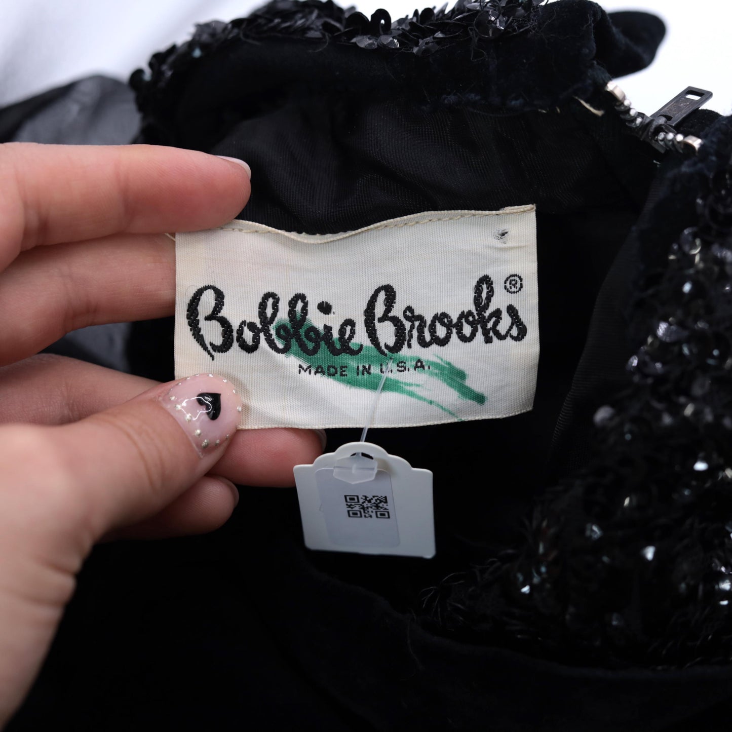 60s Bobbie Brooks Black Velvet Mini Dress Sequin Chiffon Sleeve Small
