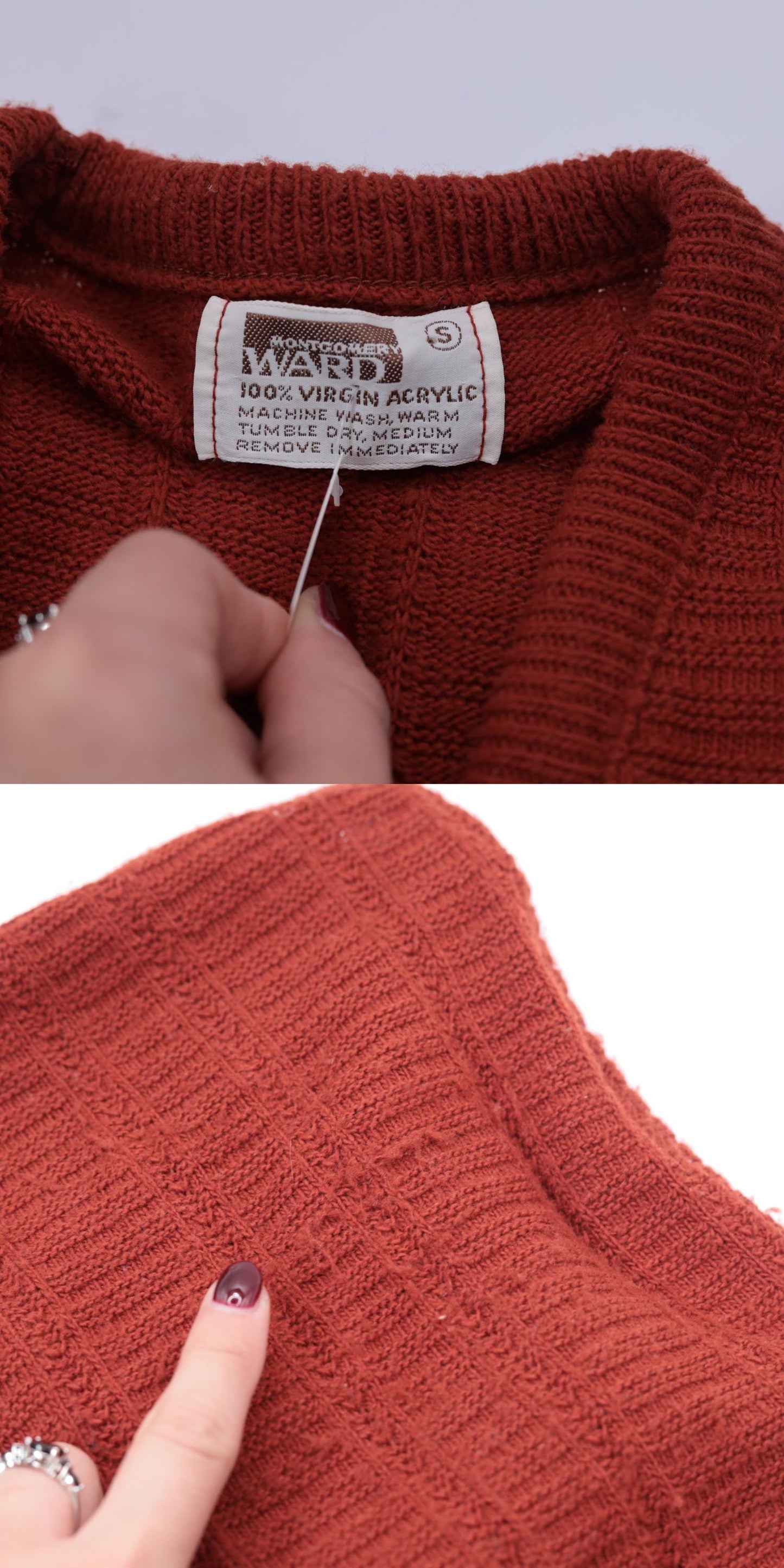 80s Montgomery Ward Rust Acrylic Knit Vest V-Neck Sleeveless Pullover Small