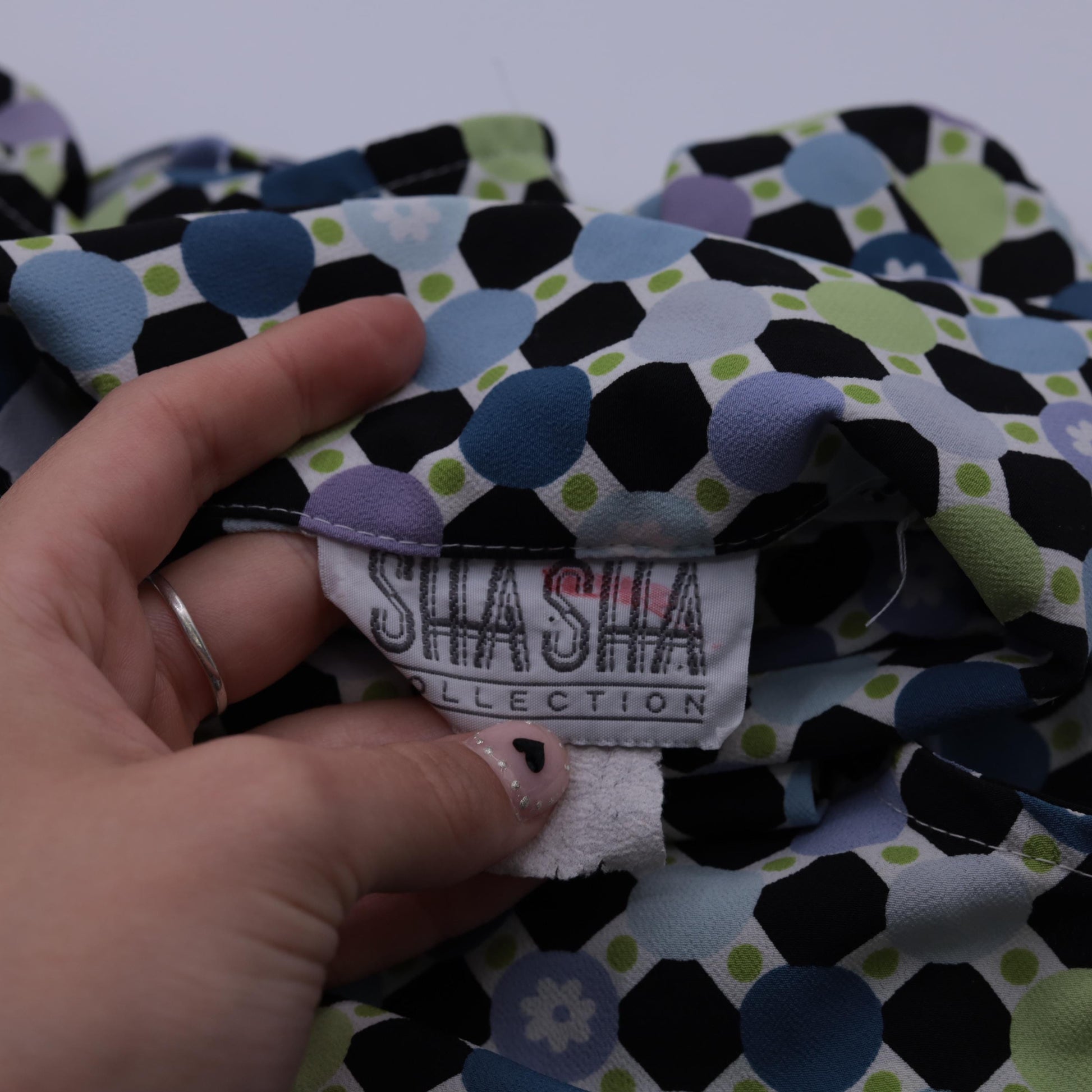 90s Geometric Polka Dot Mini Dress Sleeveless Collared Tie-Back Small S