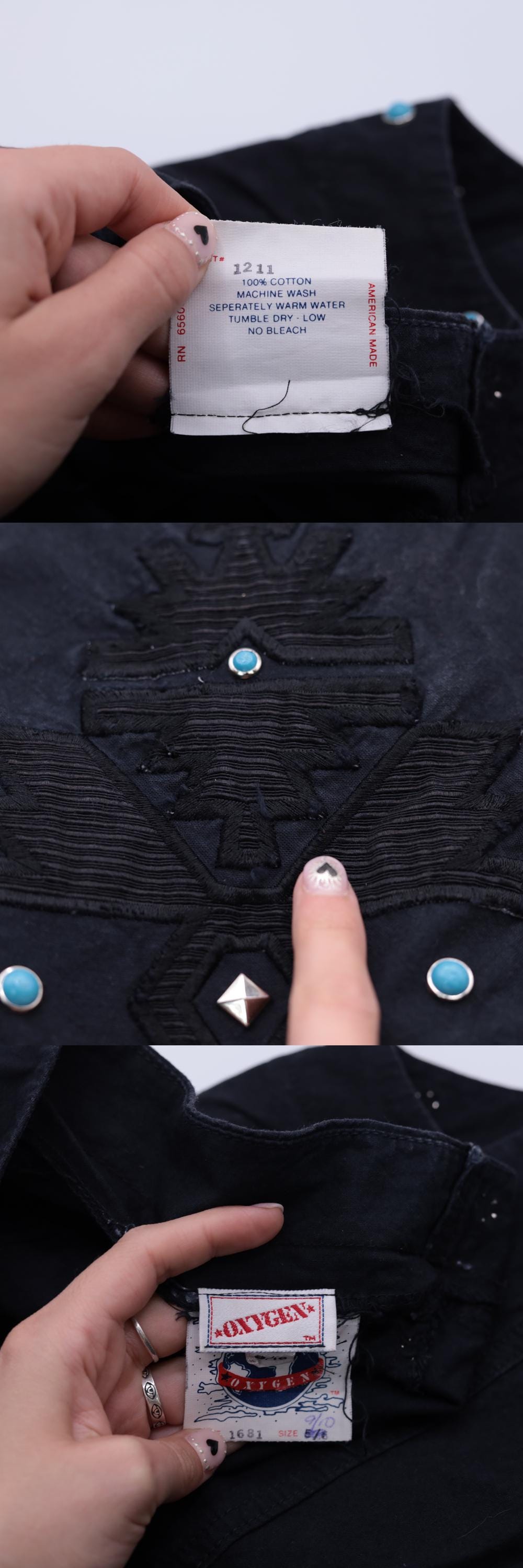 90s Black Southwestern Embroidered Dress Turquoise Studs Cap Sleeve V Back Small