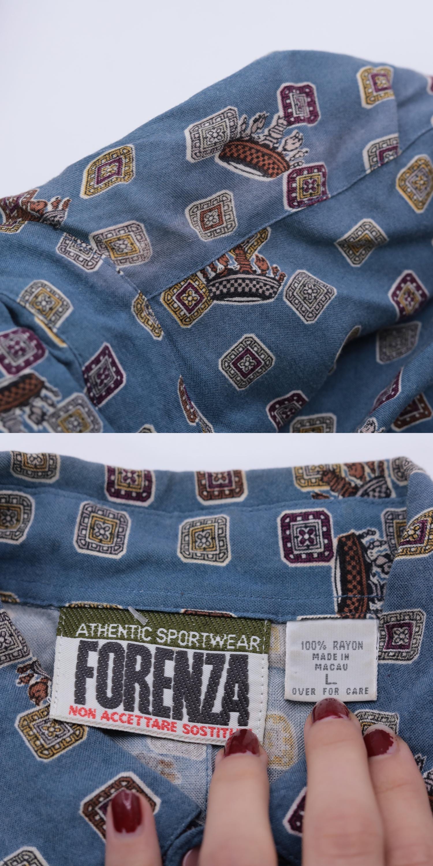 90s Forenza Blue Geometric Crown Print Button Up Shirt Large L