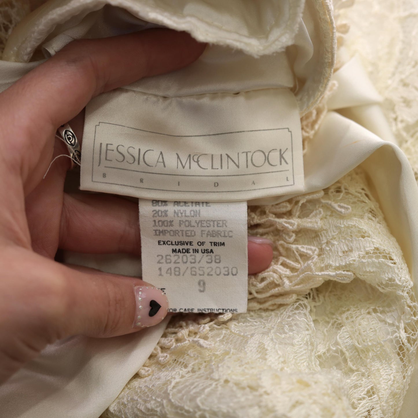 80s Jessica McClintock Ivory Lace Maxi Gown Bow Back Short Sleeve Small
