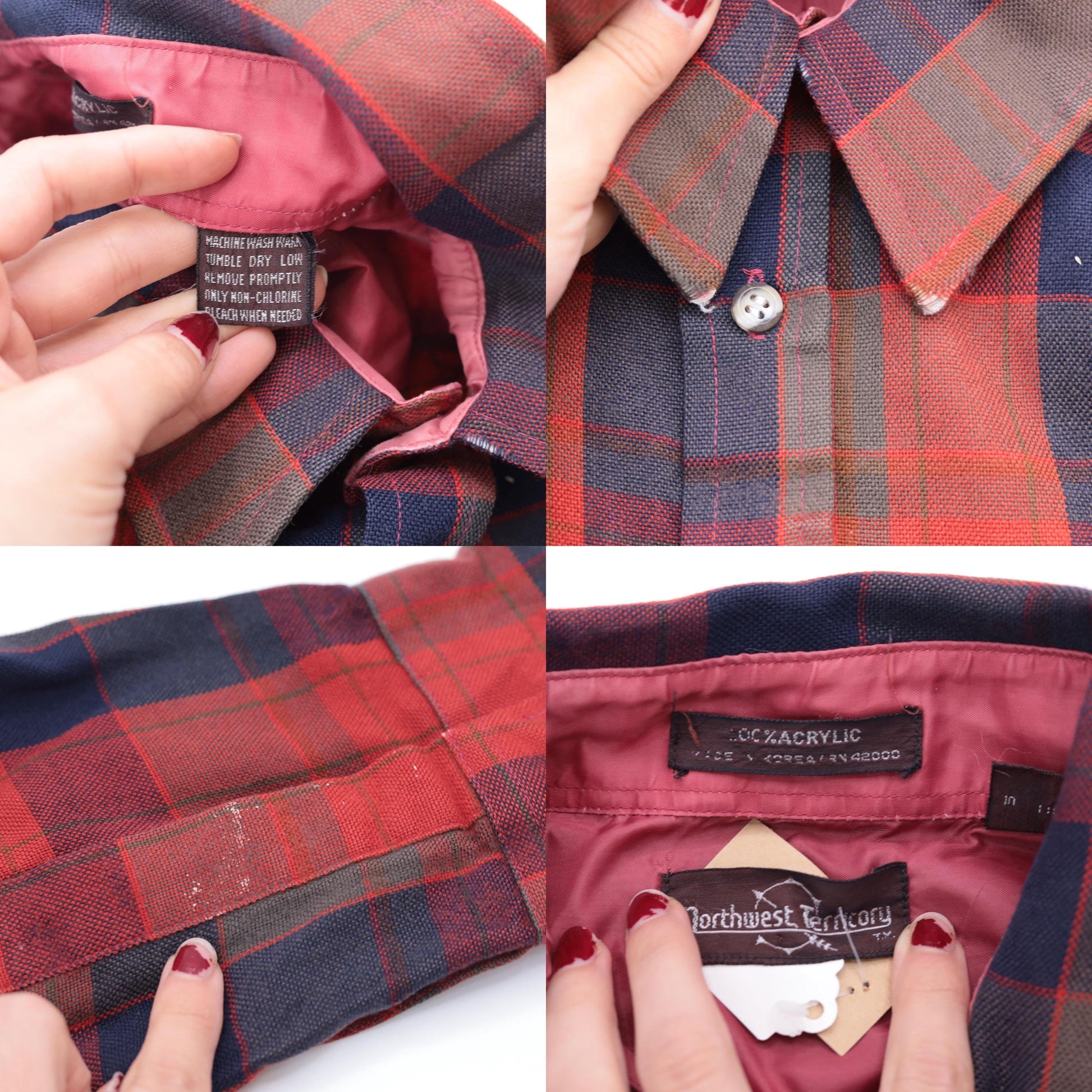 80s Northwest Territory Plaid Button Up Shirt Red Navy Acrylic Men's Large