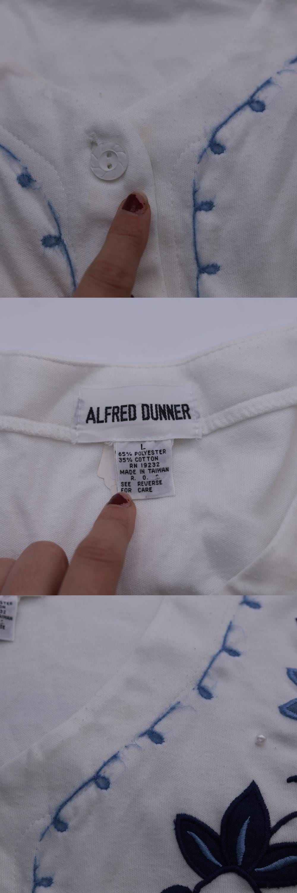 80s Alfred Dunner White Floral Embroidered Pearl Beaded Button Up Blouse Large