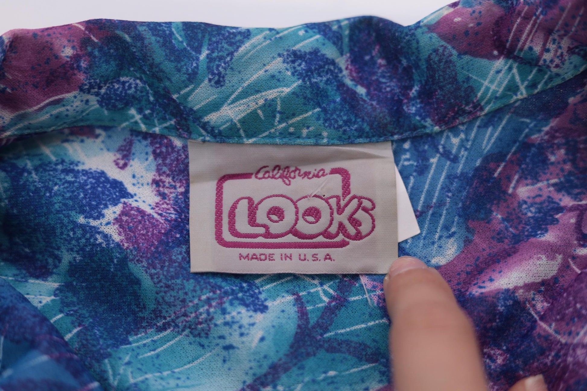 80s Abstract Floral Midi Dress Blue Purple Puff Sleeve Button Up High Waisted Small Medium