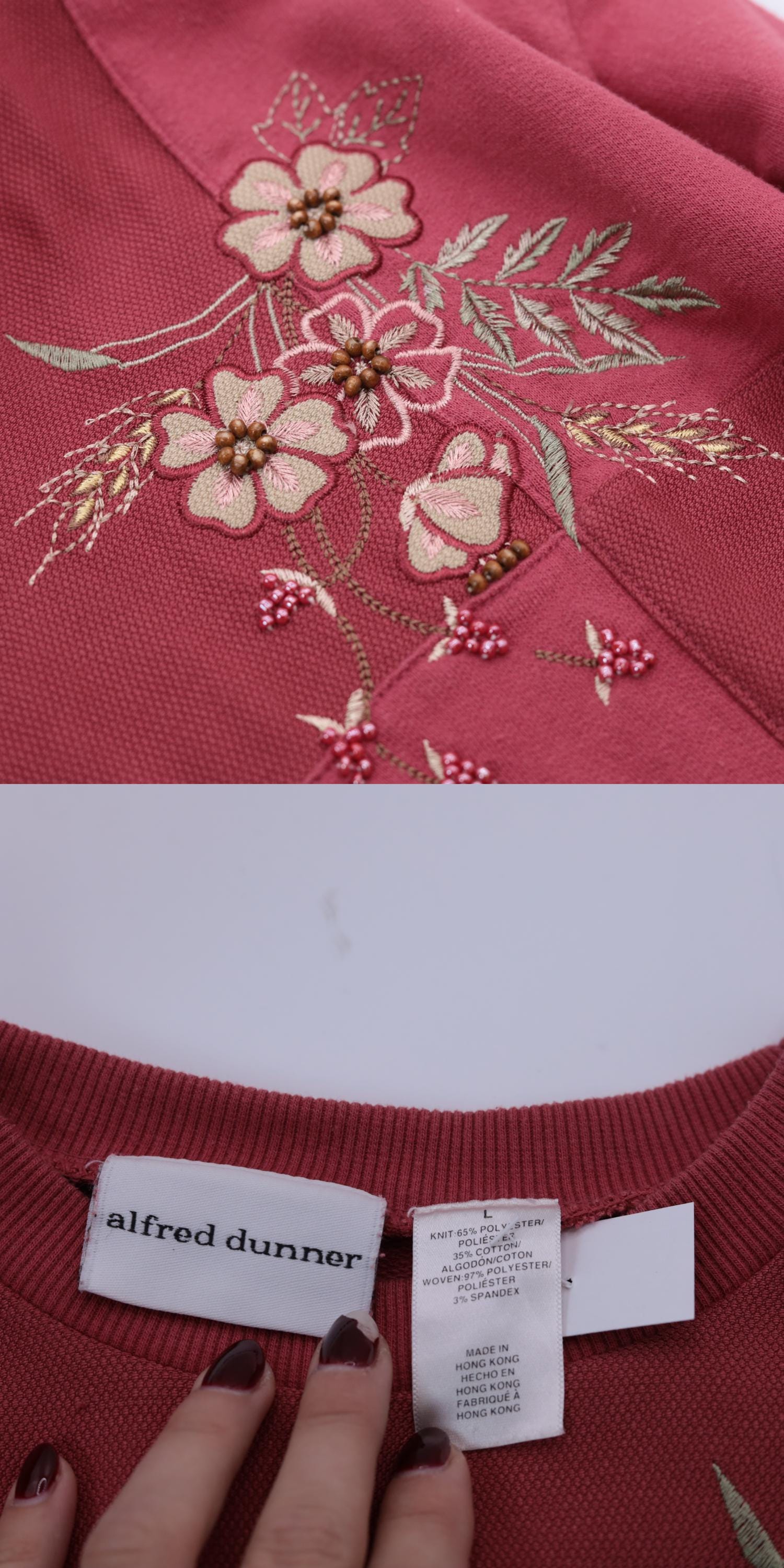Y2K Alfred Dunner Floral Embroidered Sweatshirt Coral Pink Beaded Crewneck Large L