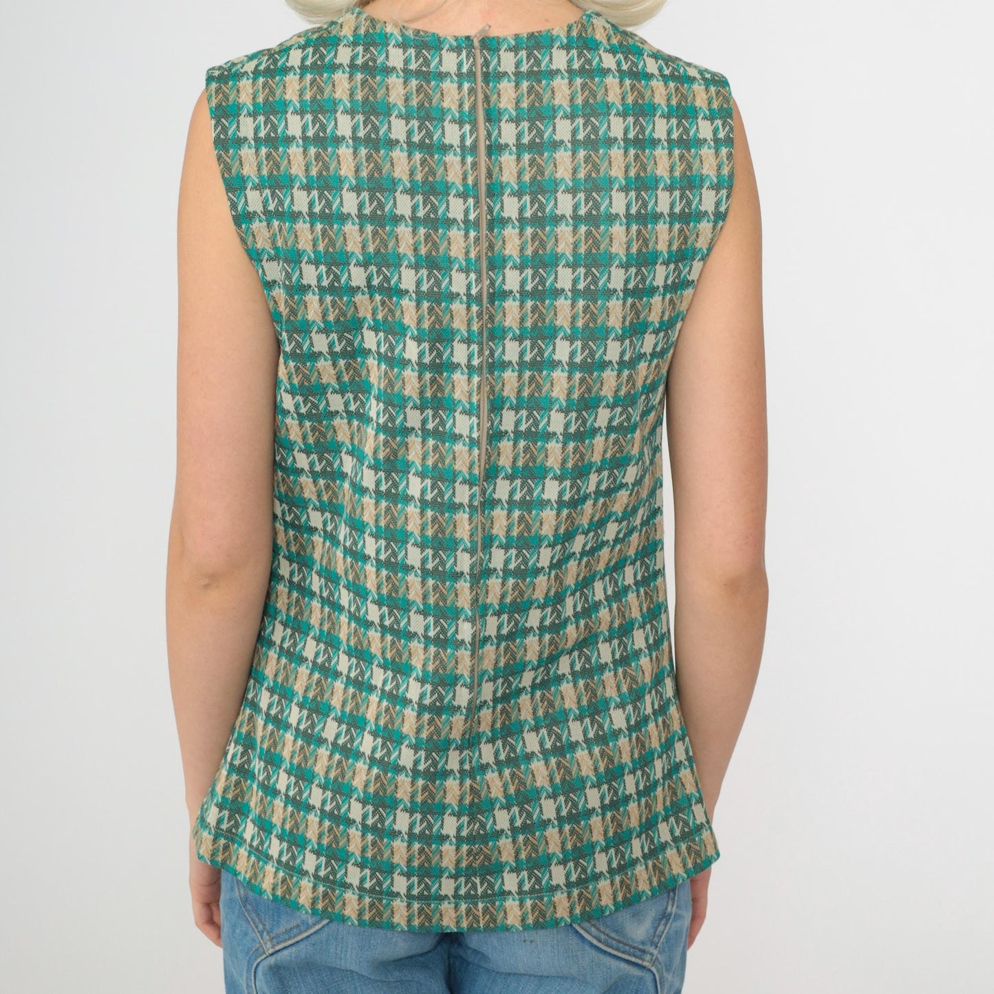 70s Plaid Tank Top Turquoise V-Neck Sleeveless Checkered Shirt Small