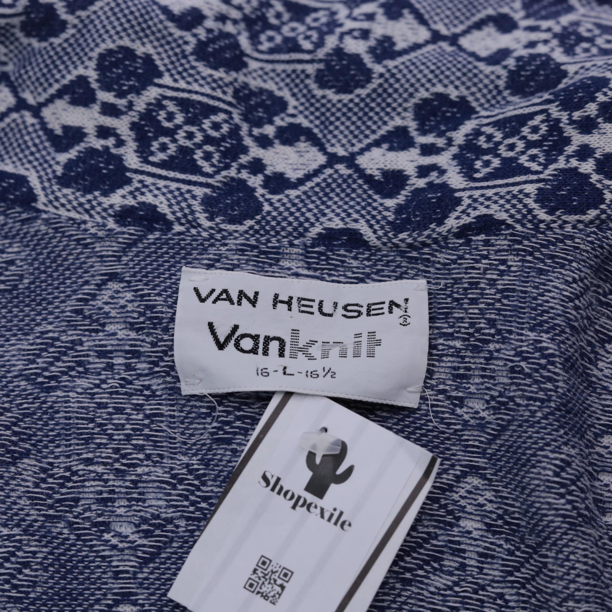 70s Van Heusen Jacquard Geometric Button Up Shirt Blue White Large