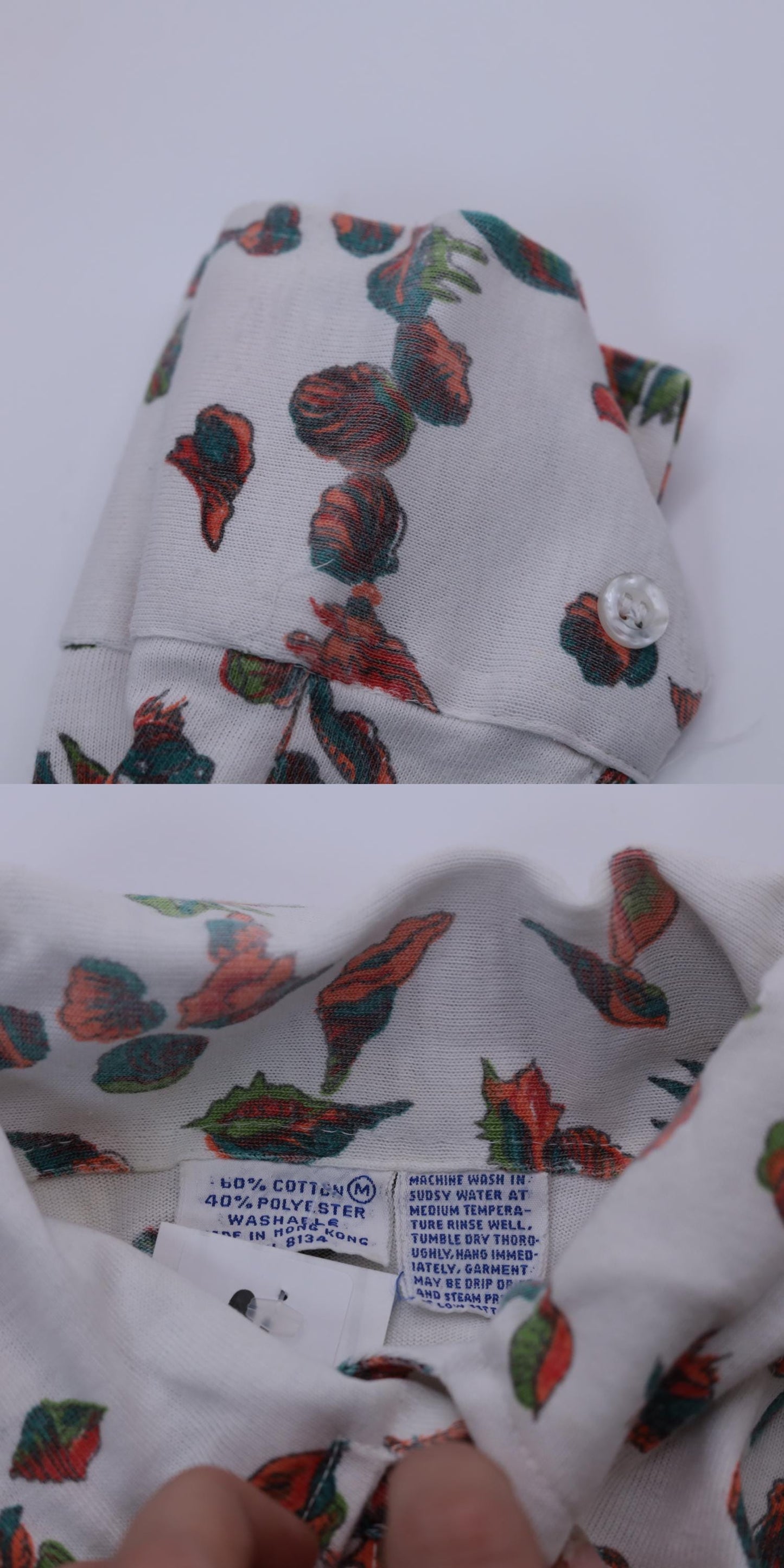 70s Seashell Print Button-Up Blouse White Novelty Shirt Long Sleeve Small